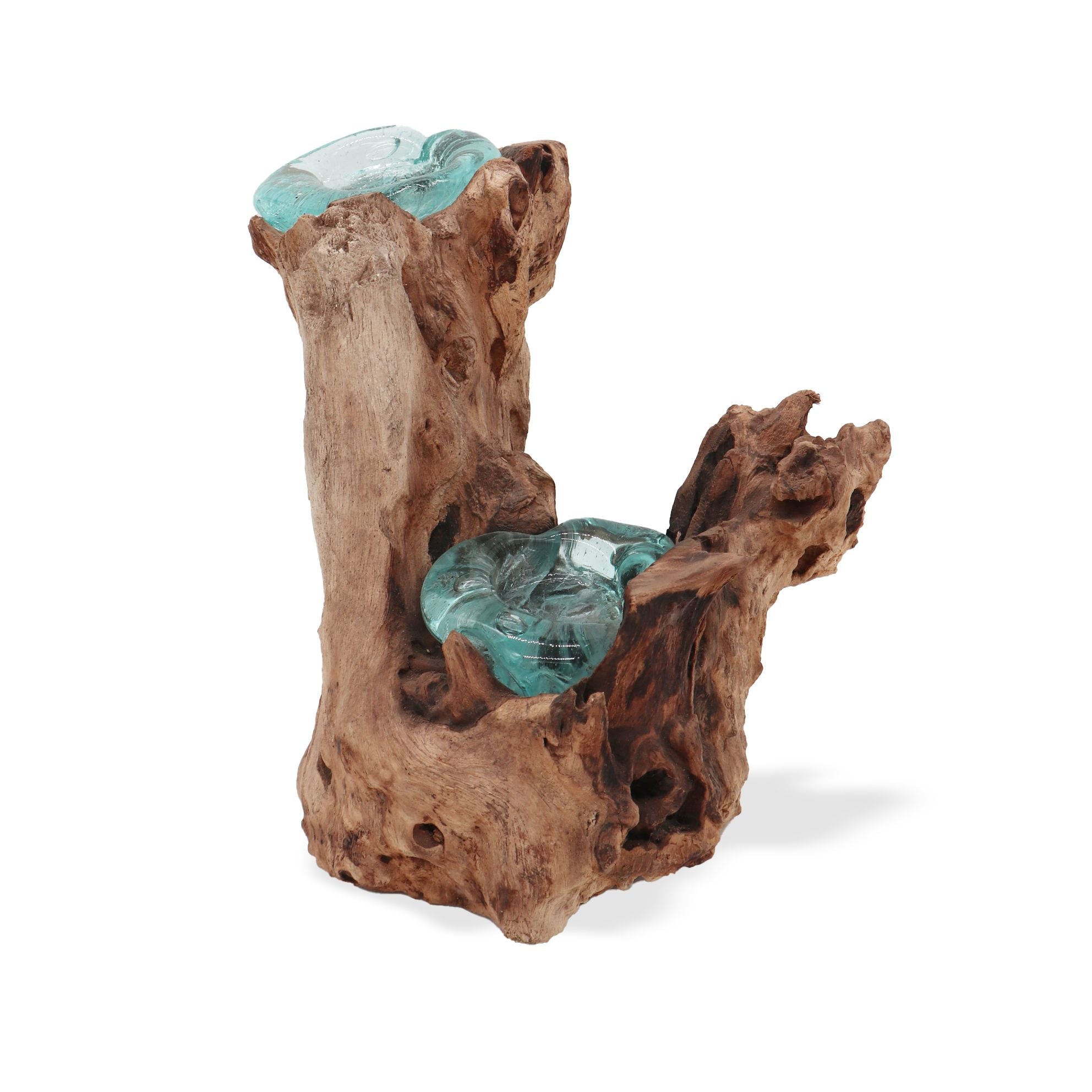 Handmade Molten Glass Double Candle Holder on Wood – 30cm