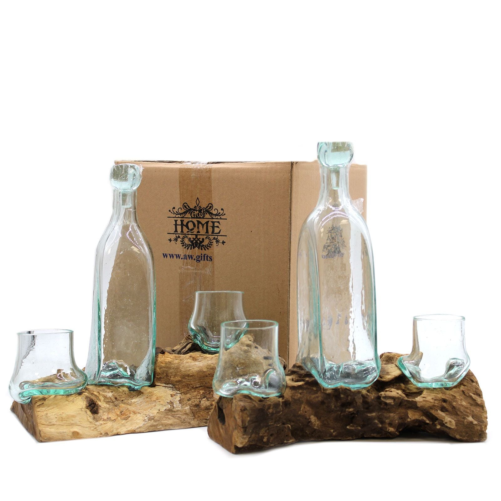 Handmade Molten Glass on Wood – Balinese Artisan Whisky Decanter & Glass Set
