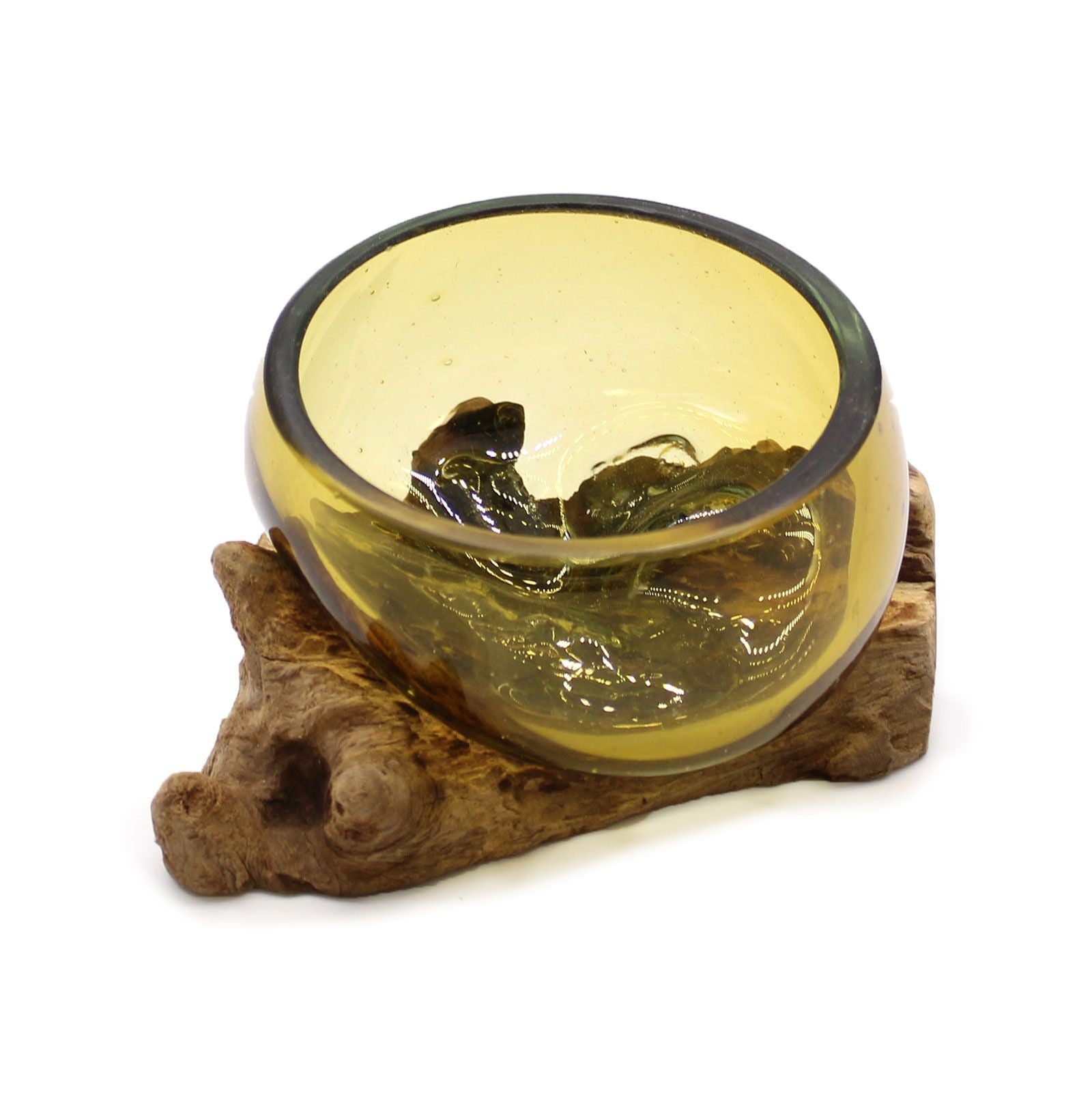Handmade Molten Glass Mini Amber Bowl on Wood – 12cm