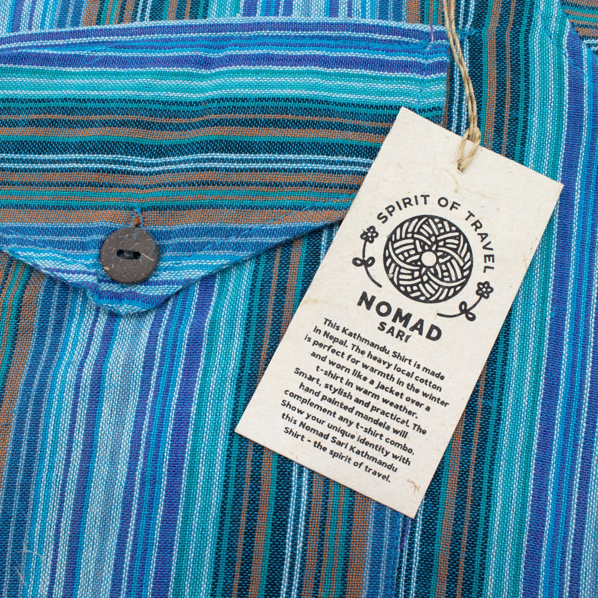Nomad Sari Grandad Shirt - Turquoise Blue Striped Cotton