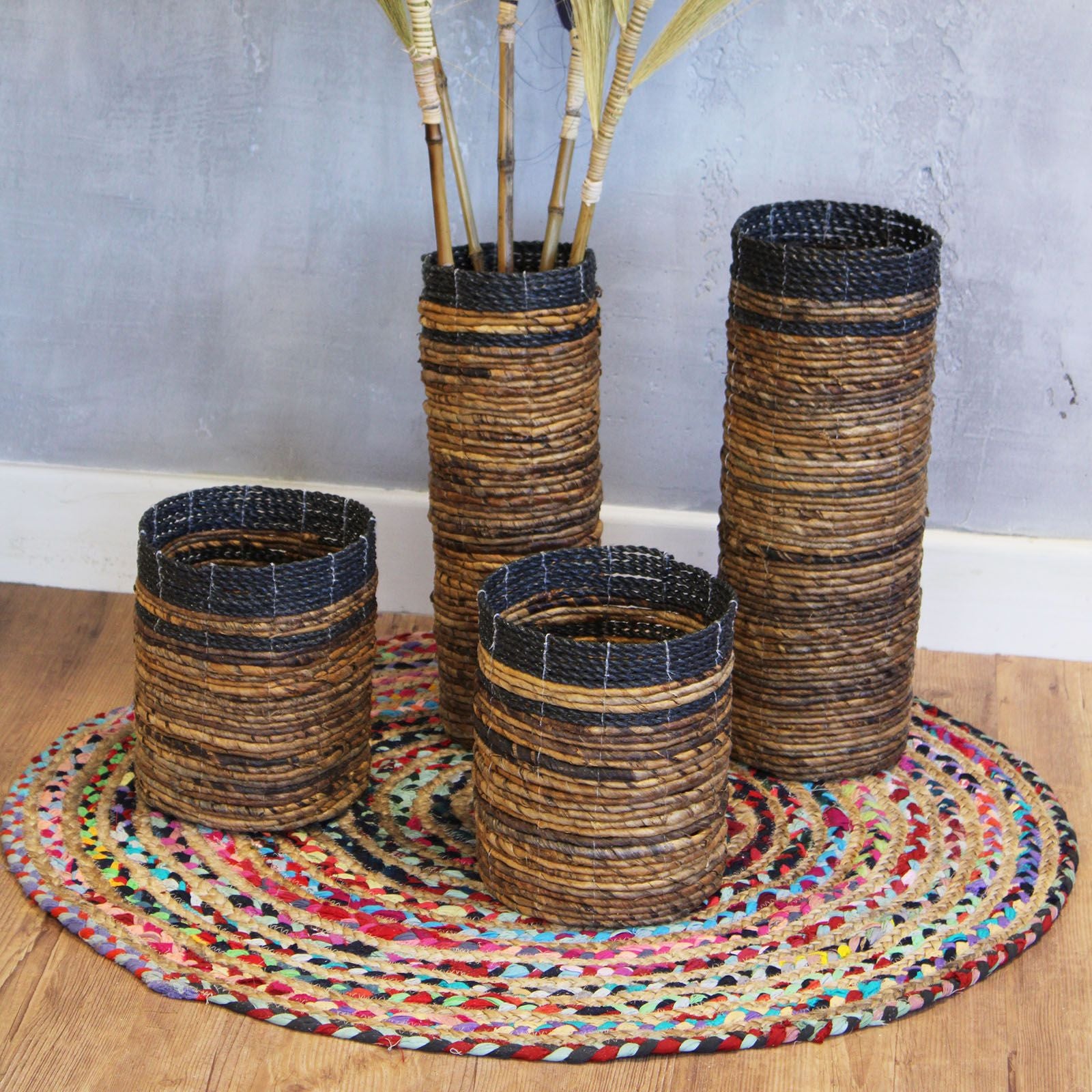 Banana Leaf Set - 2 Vase & 2 Bins - 4 Handwoven Java Storage Baskets