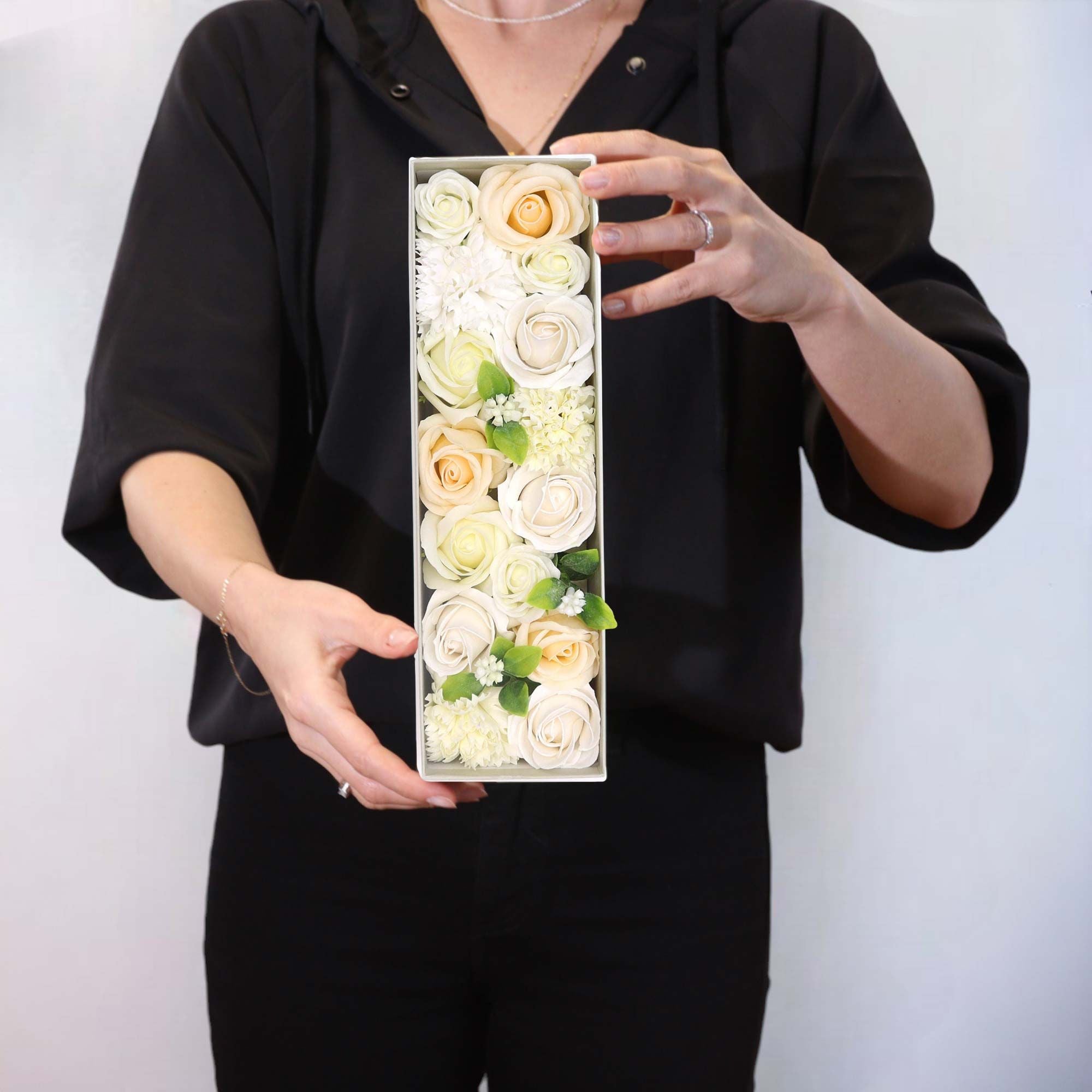 Long Box - Wedding Blessings - White & Ivory - Soap Flower Gift Round Box