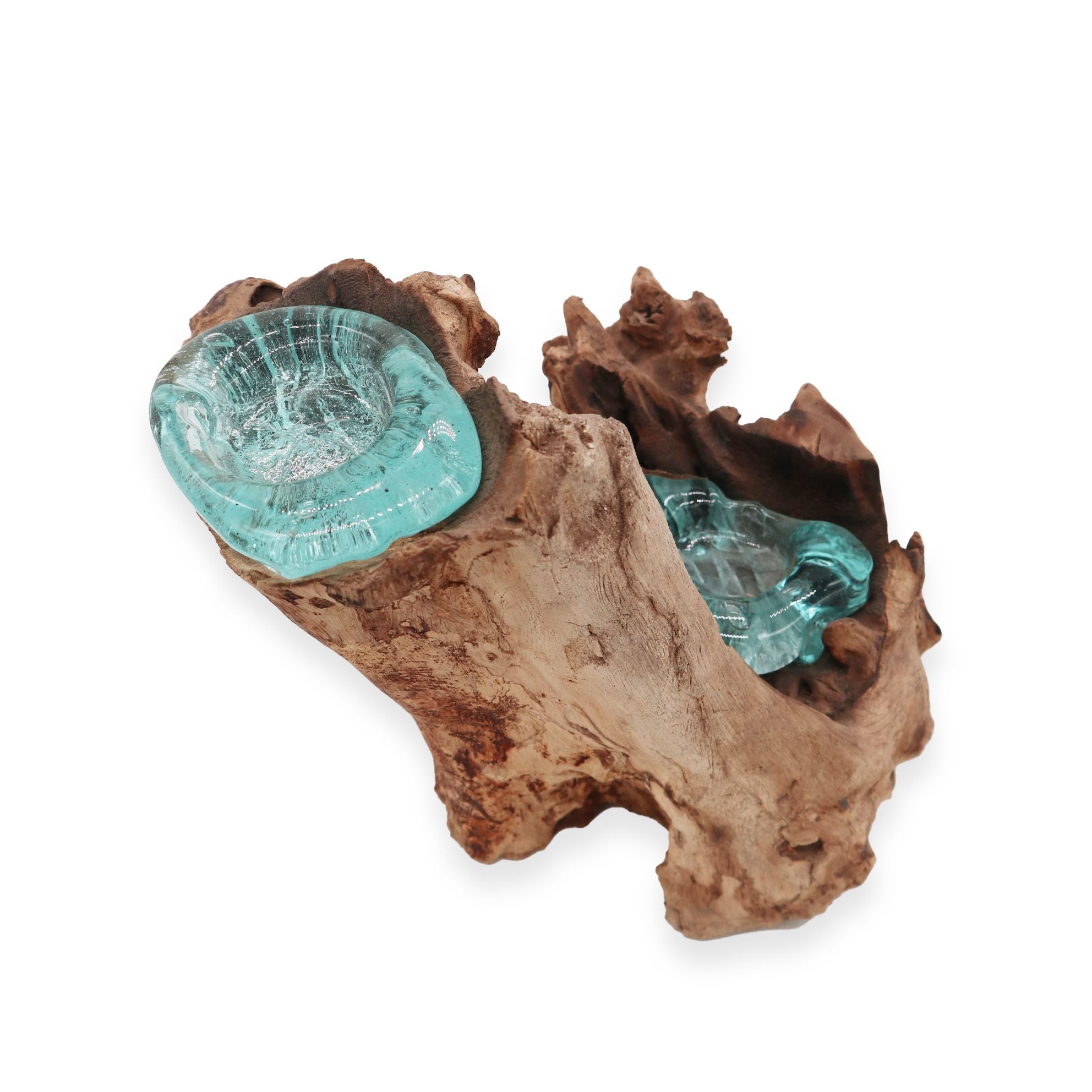 Handmade Molten Glass Double Candle Holder on Wood – 30cm