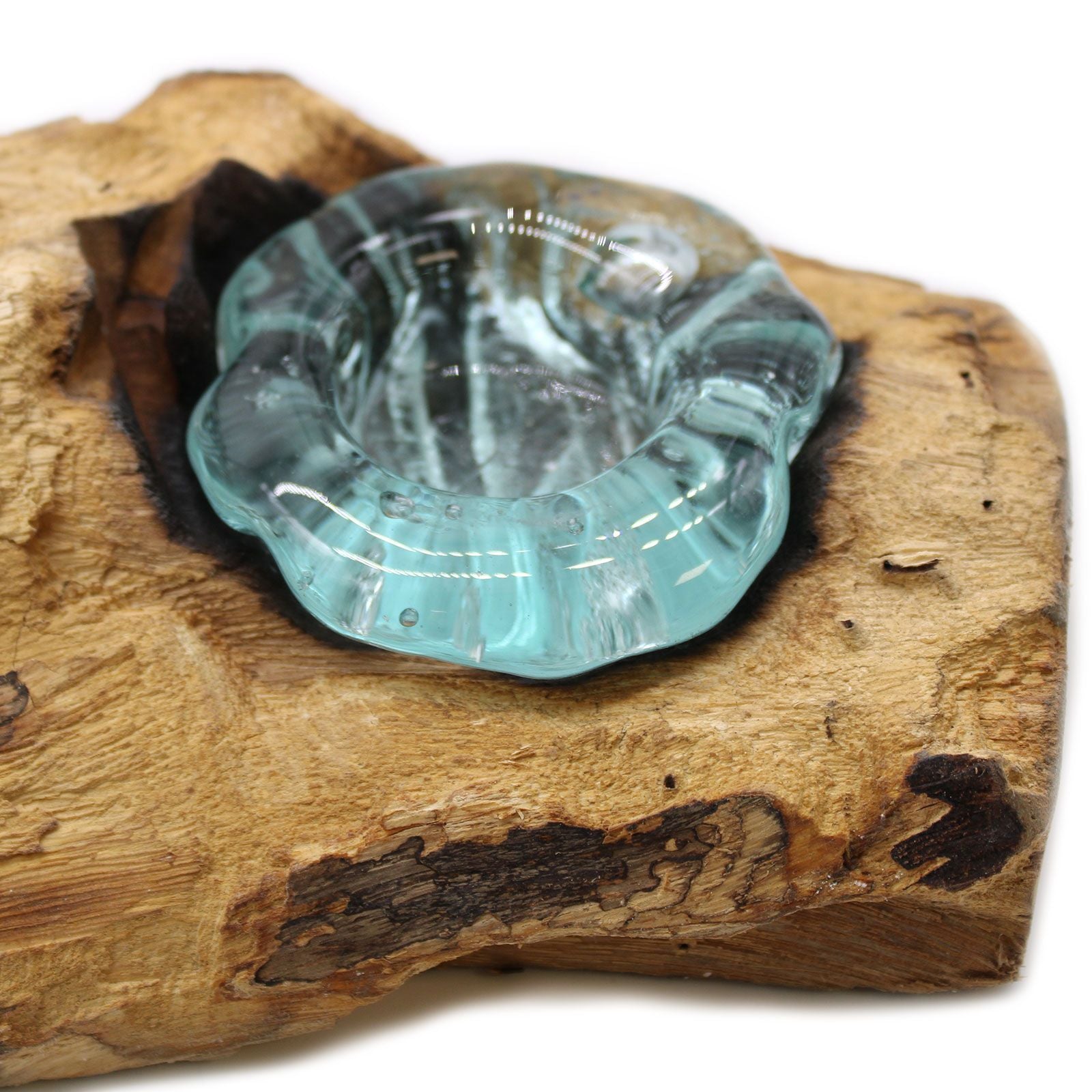 Handmade Molten Glass Flat Triple Candle Holder on Wood – 45cm