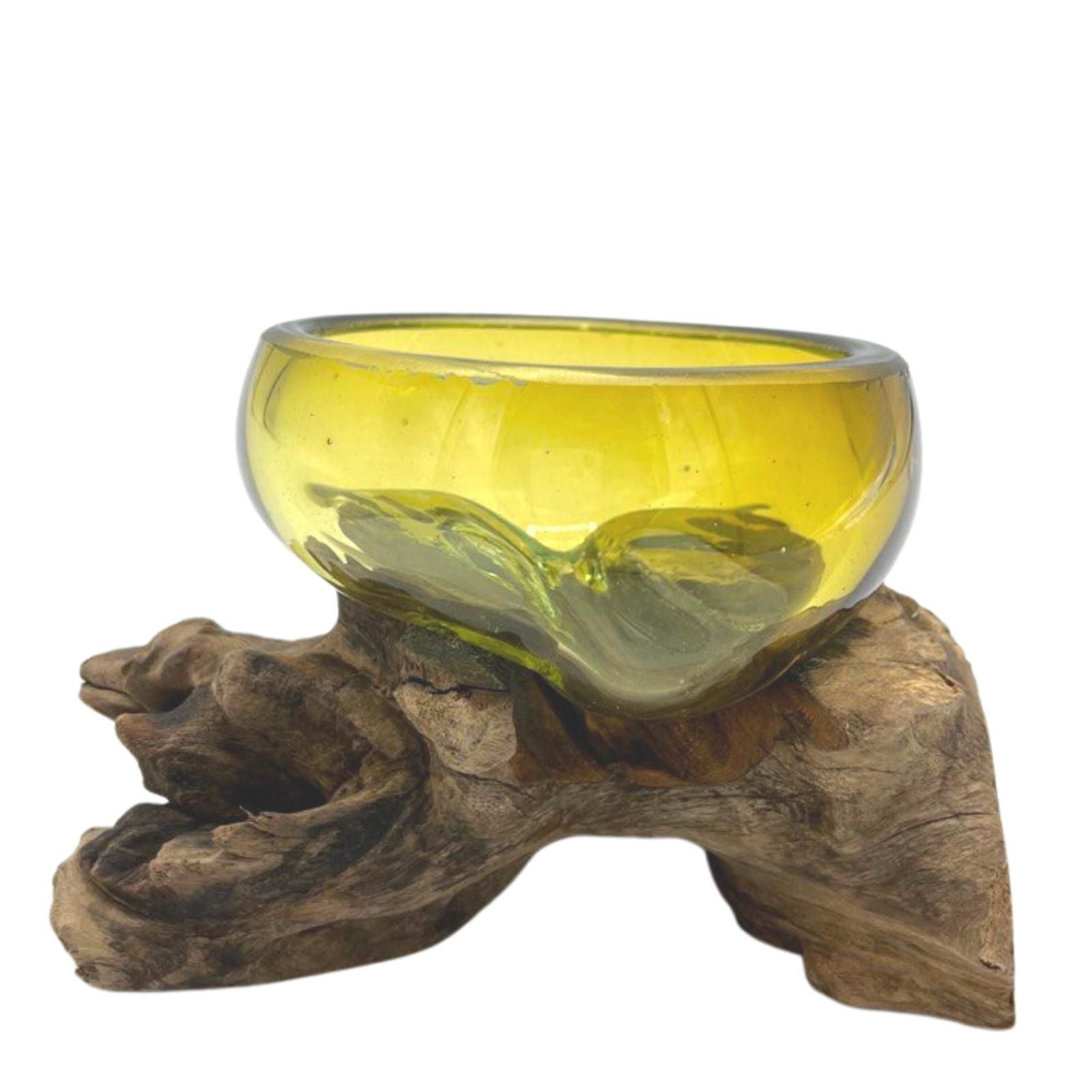Handmade Molten Glass Mini Amber Bowl on Wood – 12cm