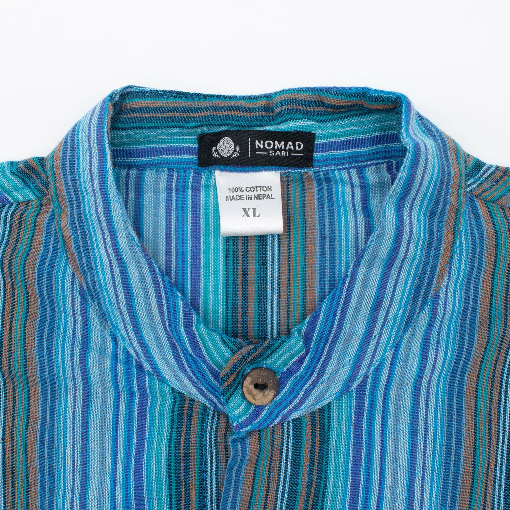Nomad Sari Grandad Shirt - Turquoise Blue Striped Cotton