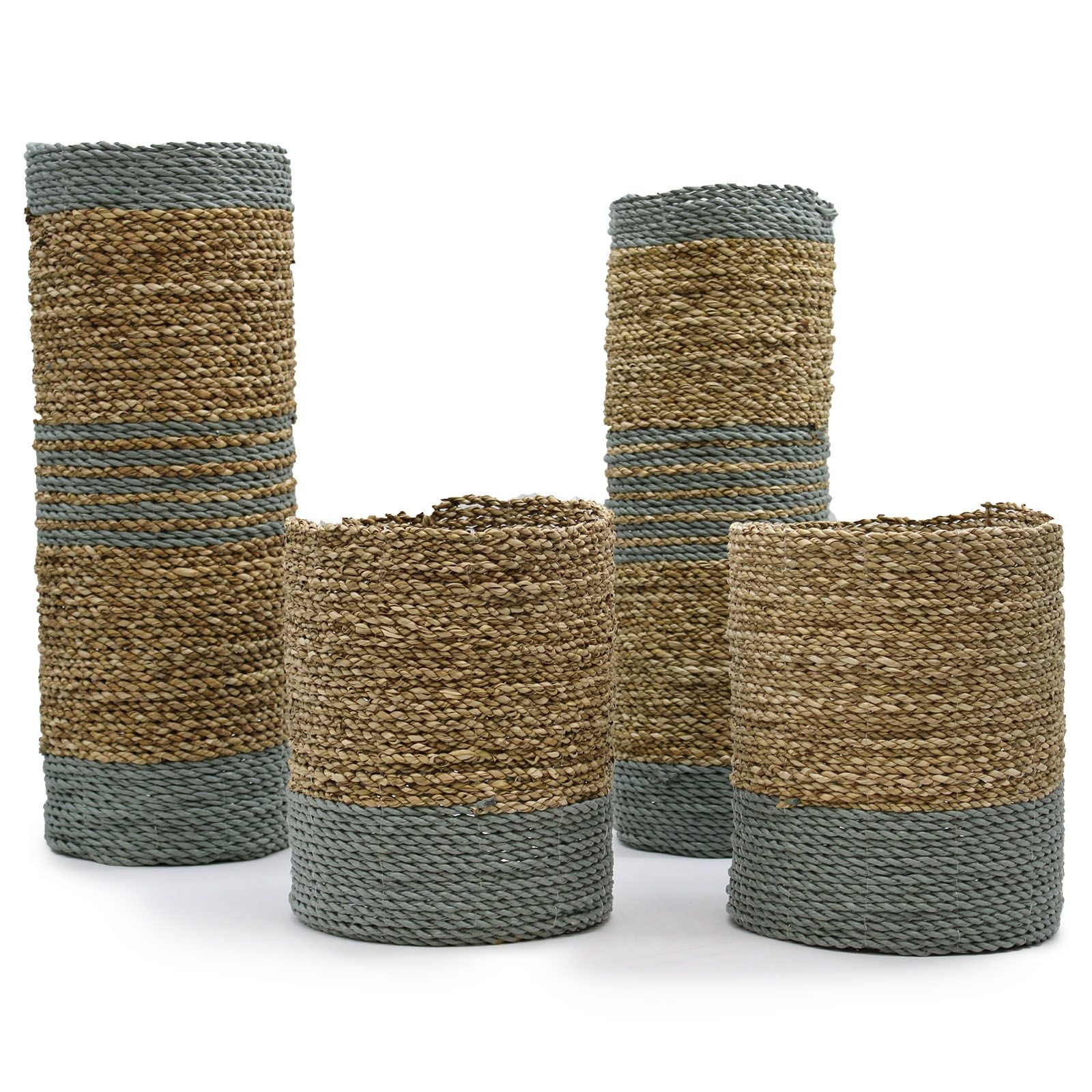 Seagrass & Abu-Abu Raffia Set - 2 Vase & 2 Bins - 4 Handwoven Java Storage Baskets