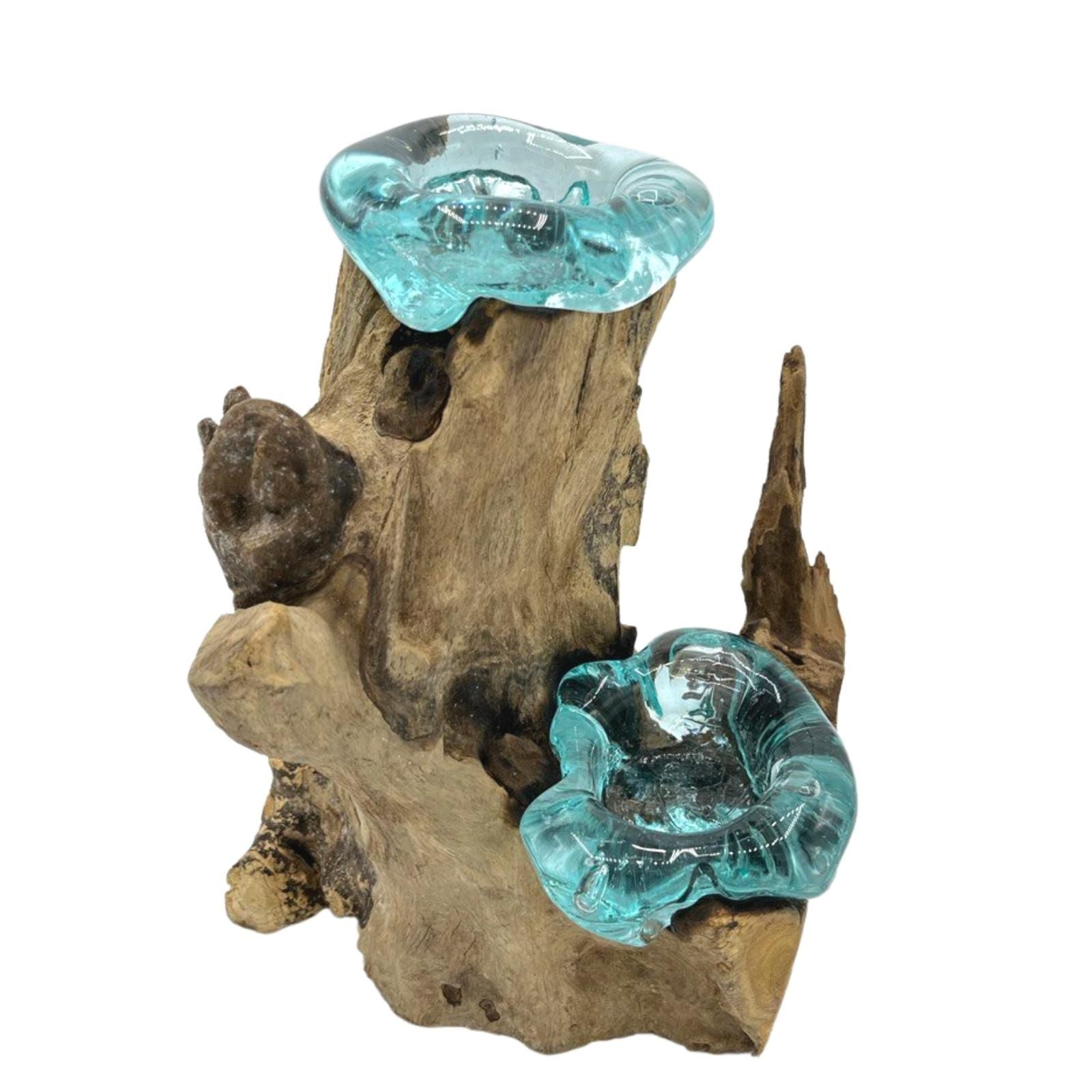 Handmade Molten Glass Double Candle Holder on Wood – 30cm