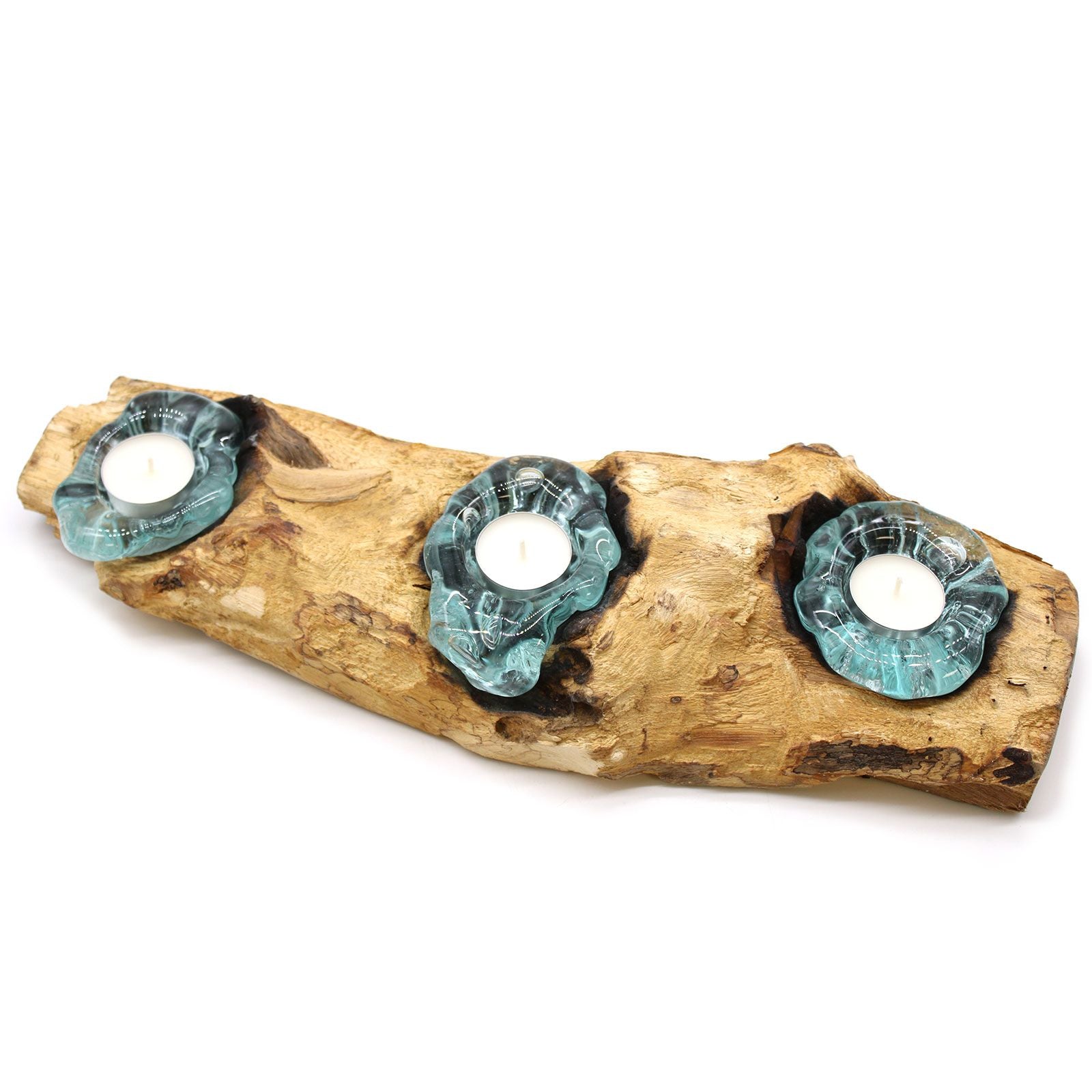 Handmade Molten Glass Flat Triple Candle Holder on Wood – 45cm
