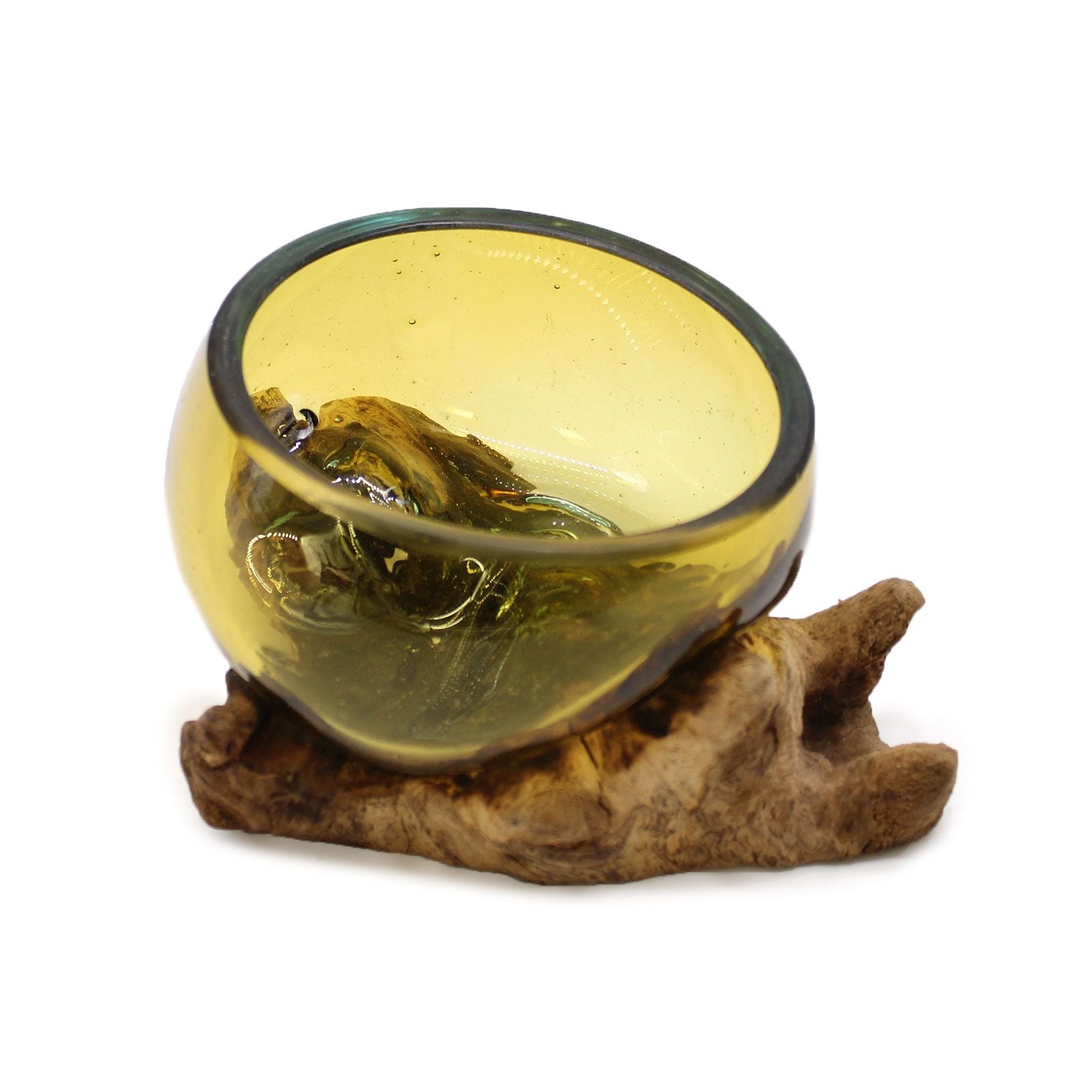 Handmade Molten Glass Mini Amber Bowl on Wood – 12cm