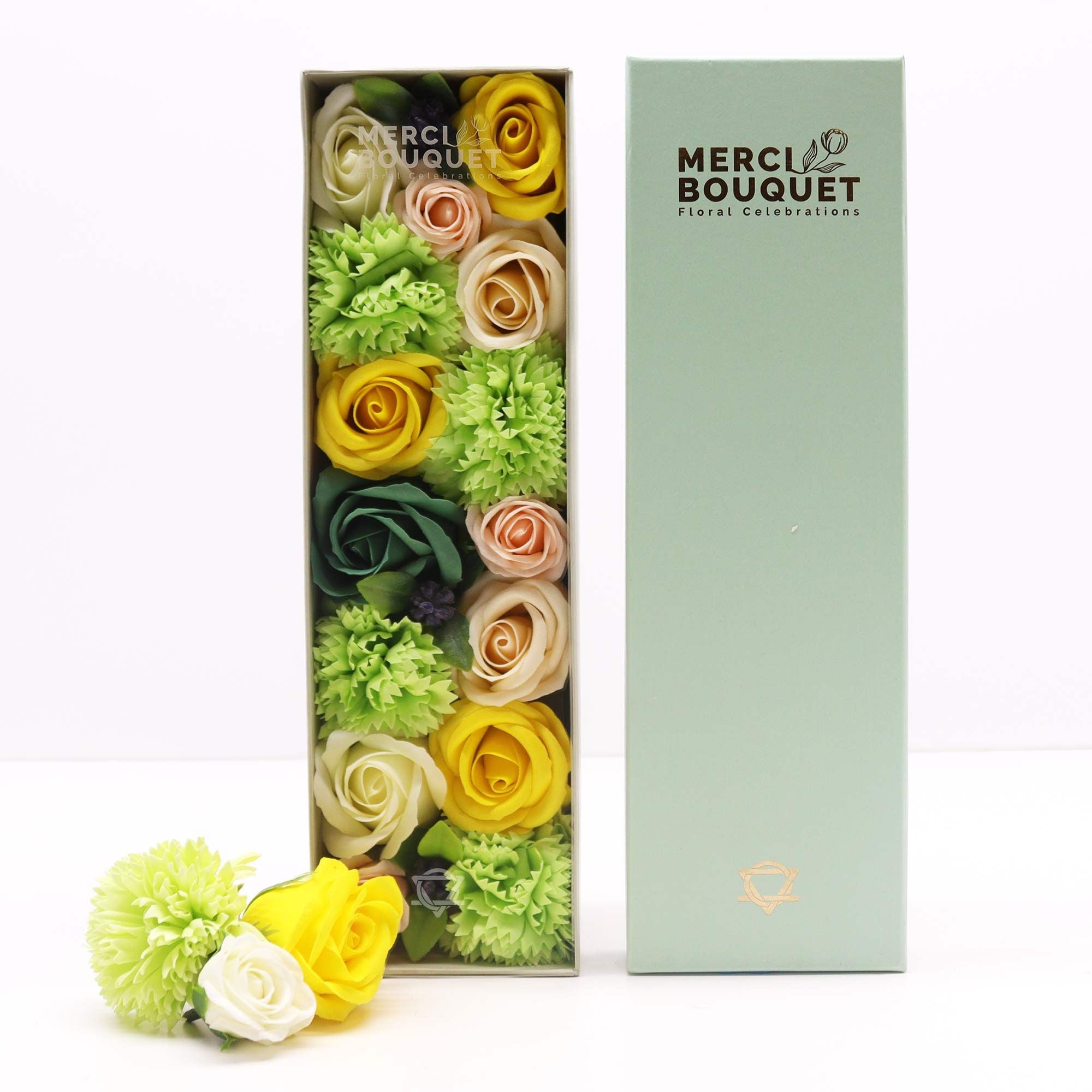 Long Box - Spring Celibrations - Yellow & Greens - Soap Flower Gift Round Box