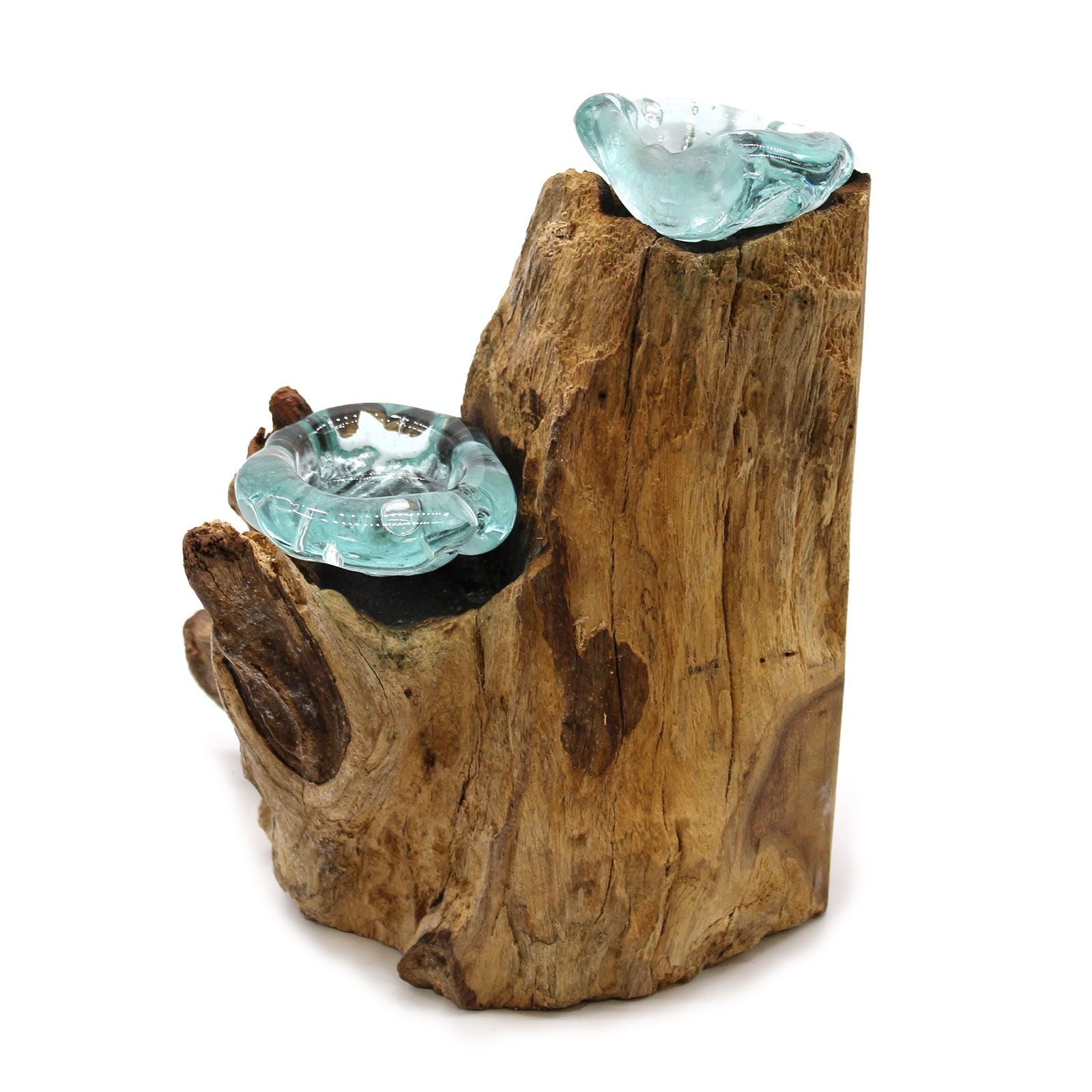 Handmade Molten Glass Double Candle Holder on Wood – 30cm