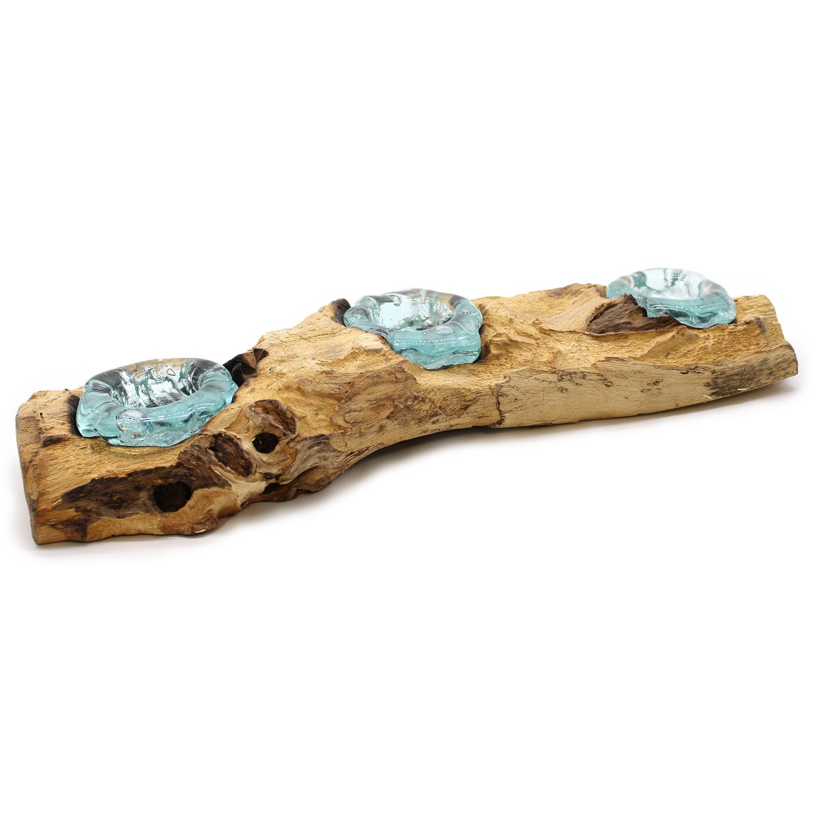 Handmade Molten Glass Flat Triple Candle Holder on Wood – 45cm
