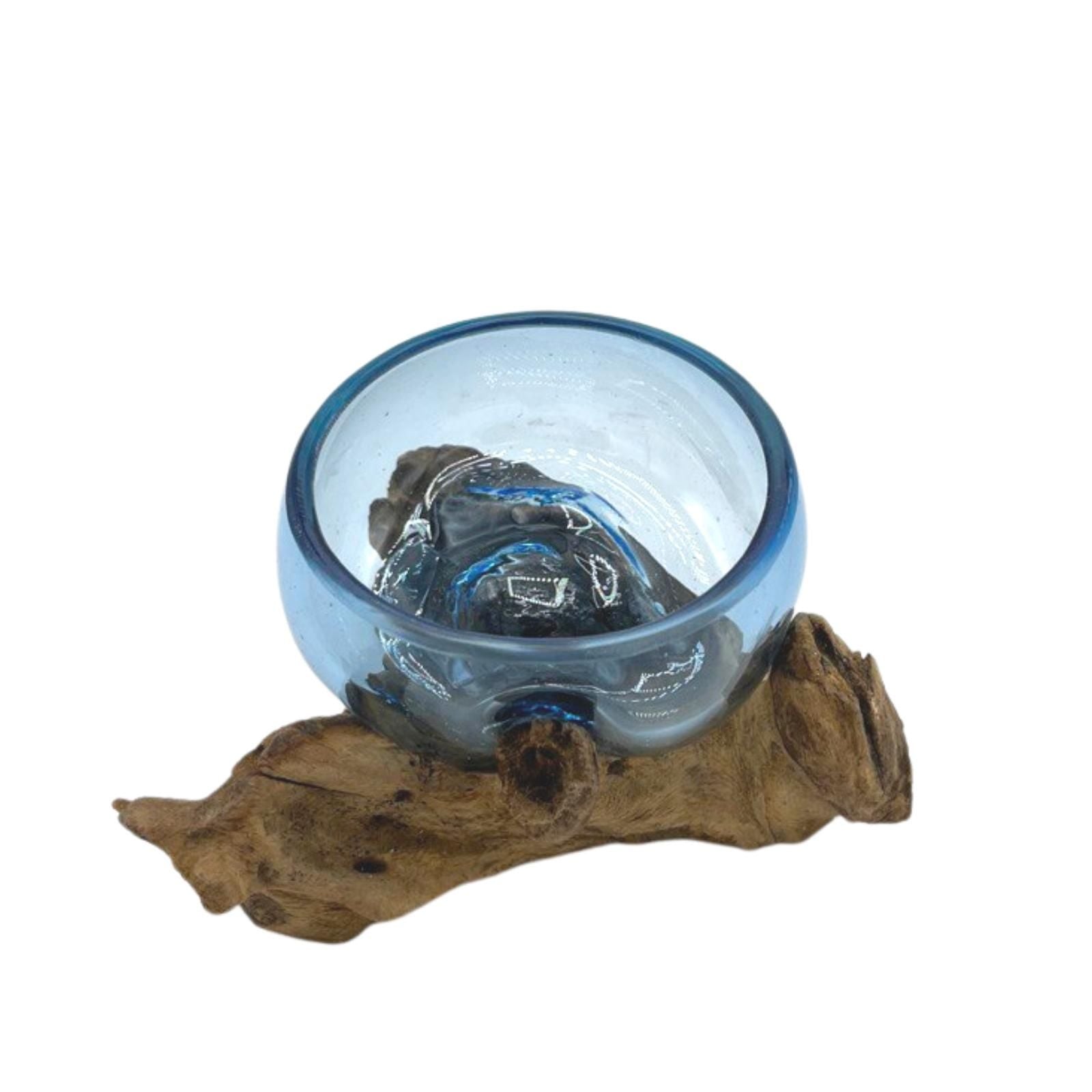 Handmade Molten Glass Mini Blue Bowl on Wood – 12cm