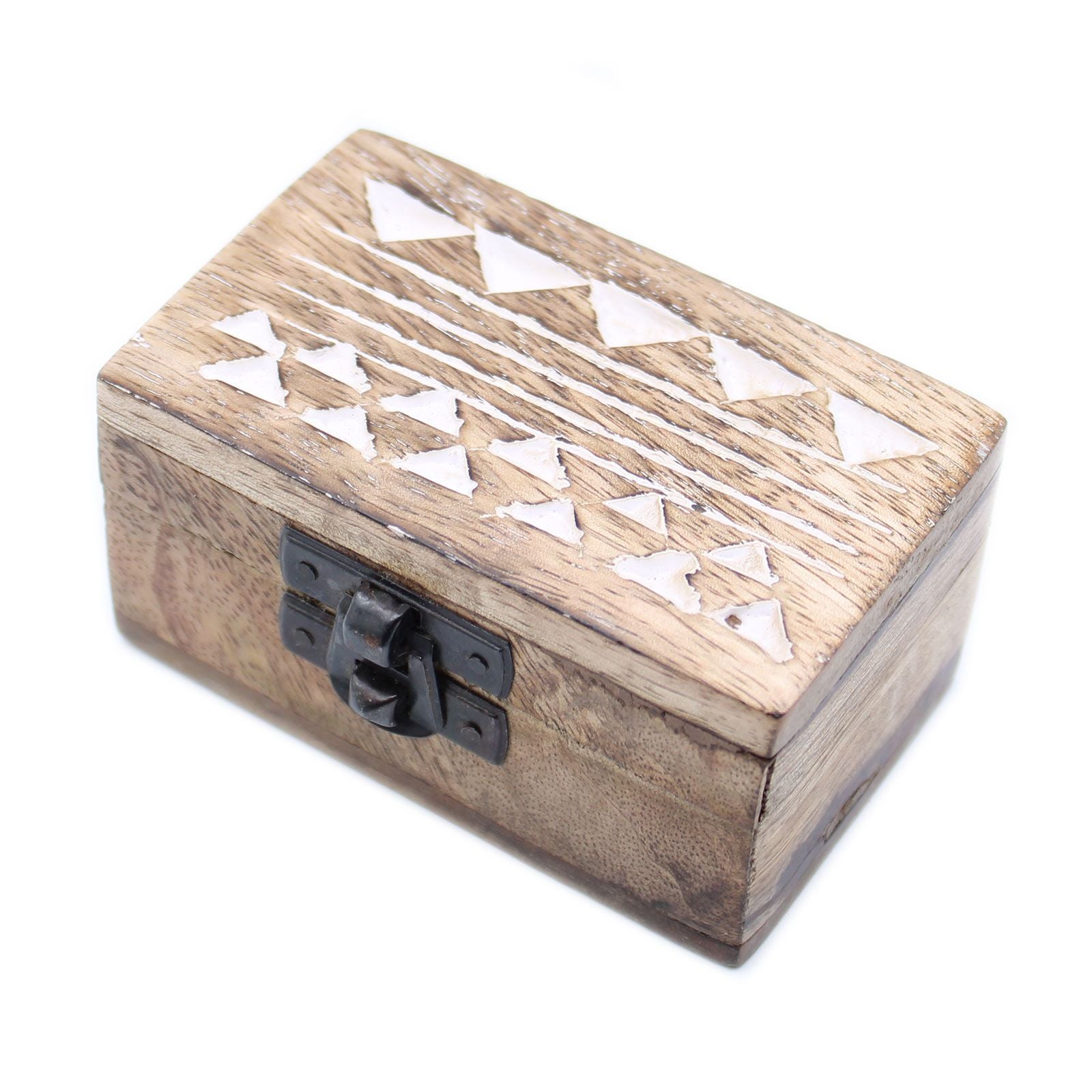 White Washed Wooden Box - Pill Box Aztec Design - Handmade