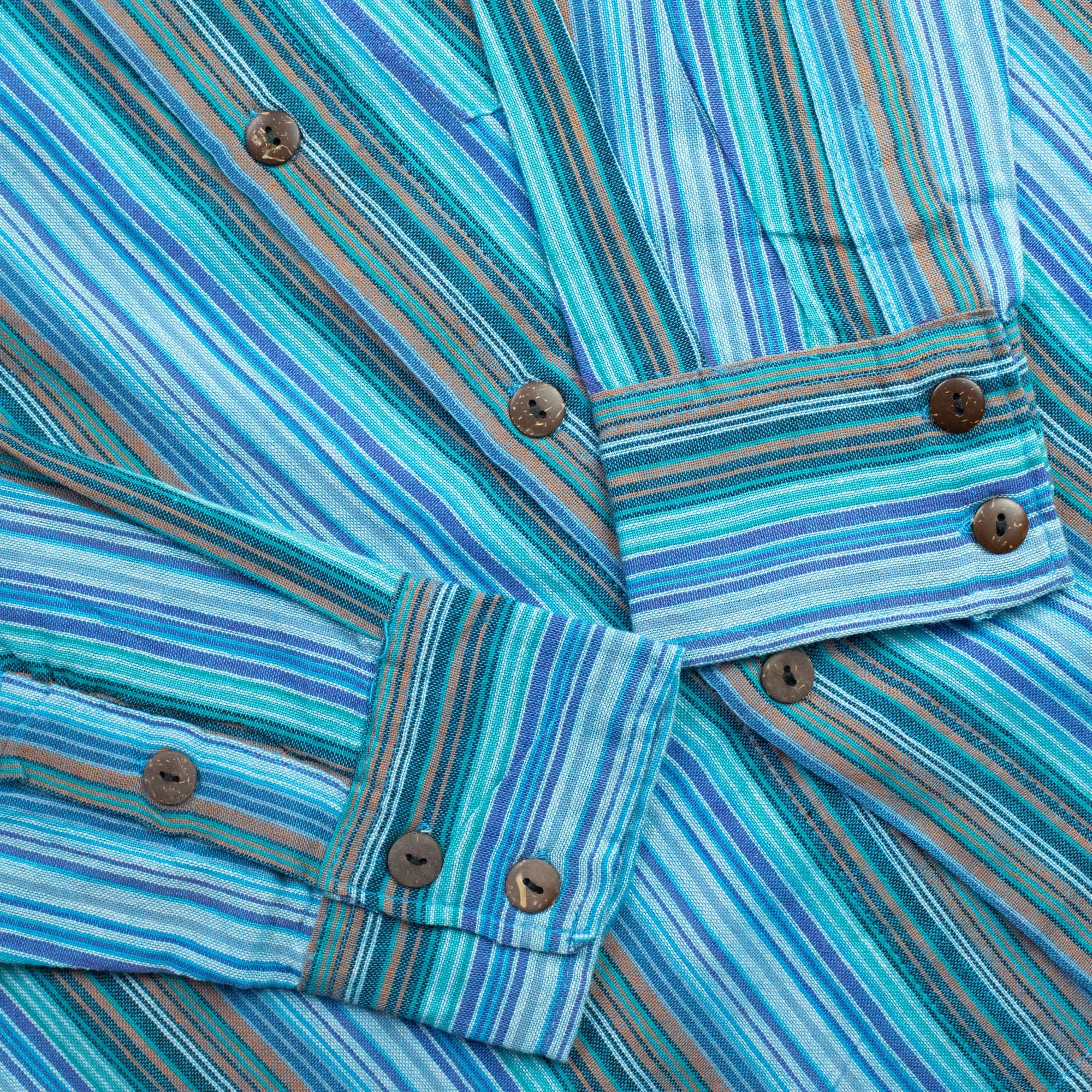 Nomad Sari Grandad Shirt - Turquoise Blue Striped Cotton
