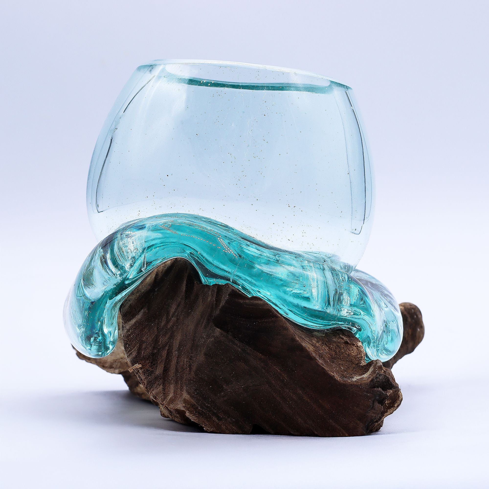Handmade Molten Glass Mini Goldfish Bowl on Wood – 20cm