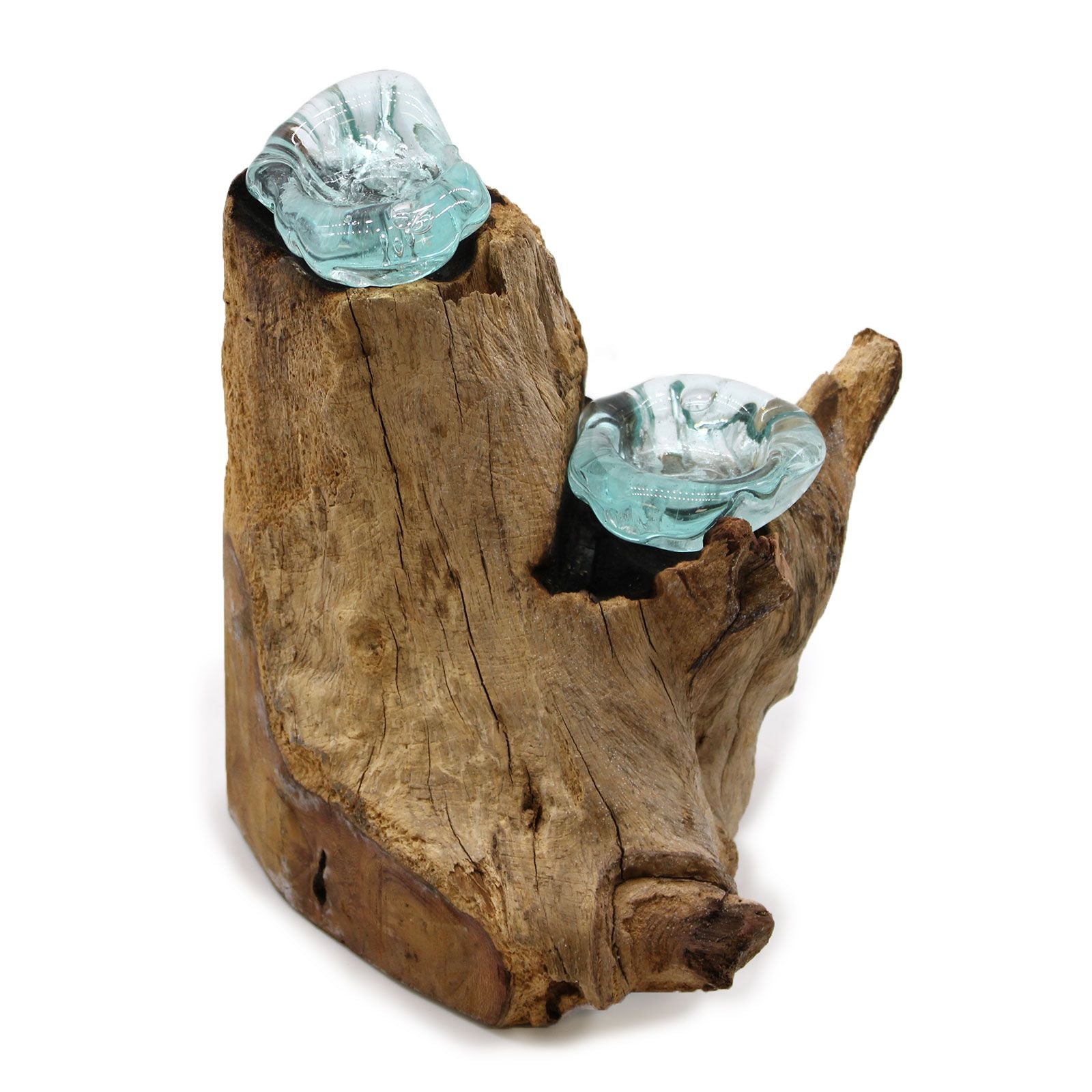 Handmade Molten Glass Double Candle Holder on Wood – 30cm