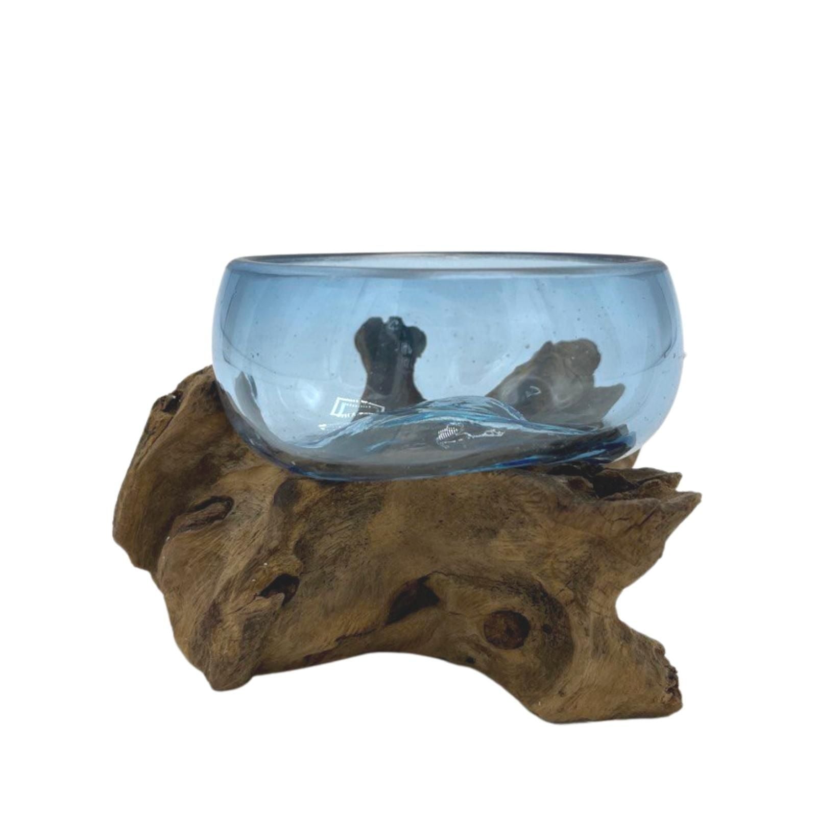 Handmade Molten Glass Mini Blue Bowl on Wood – 12cm