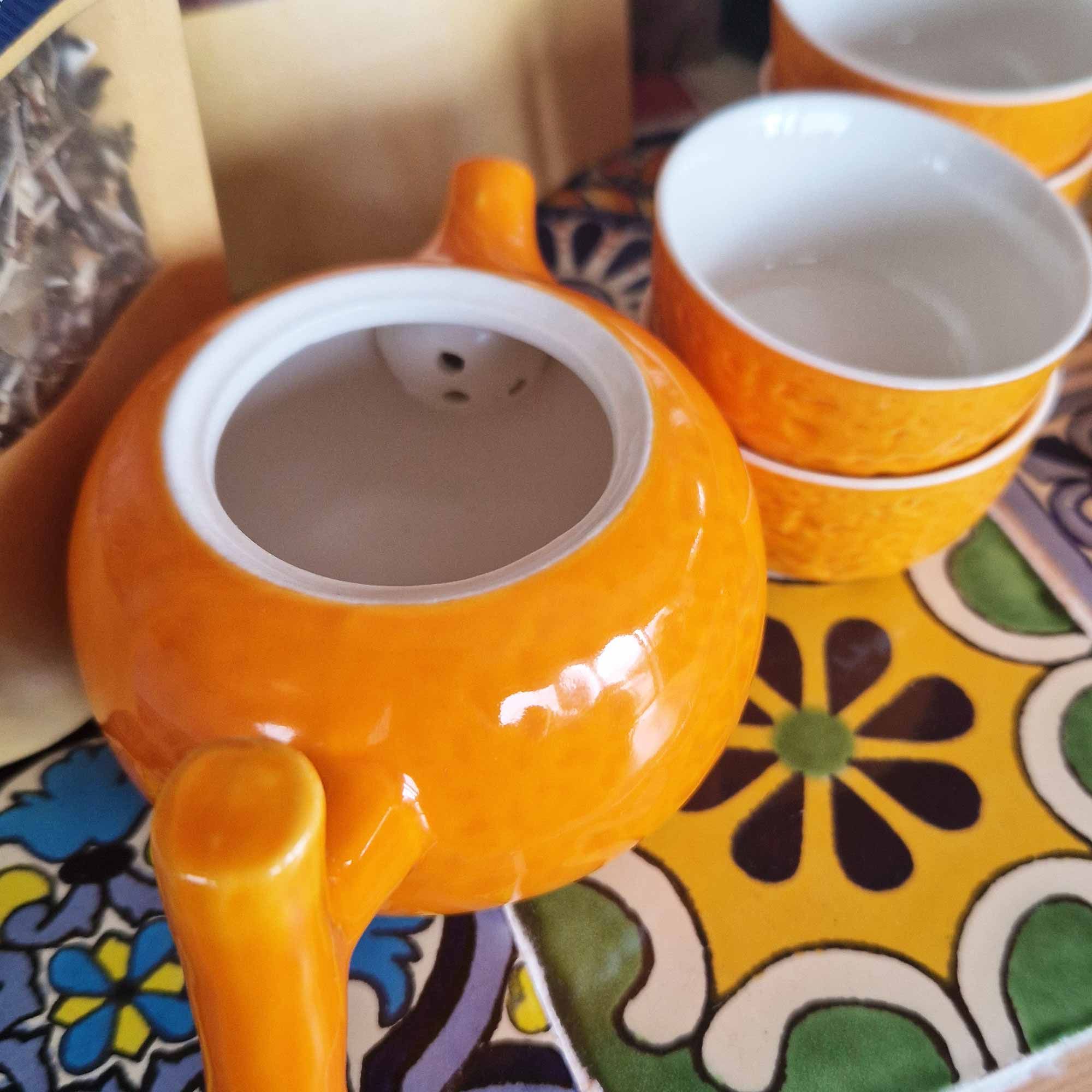 Herbal Orange Teapot Set with 4 Cups - Ceramic Orange Tea Set