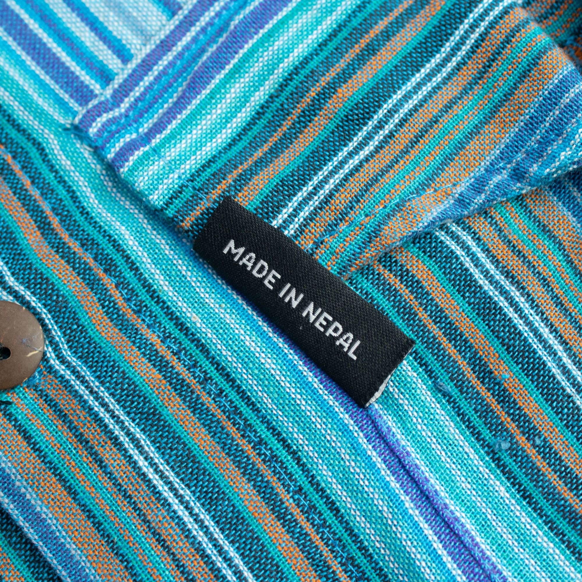 Nomad Sari Grandad Shirt - Turquoise Blue Striped Cotton