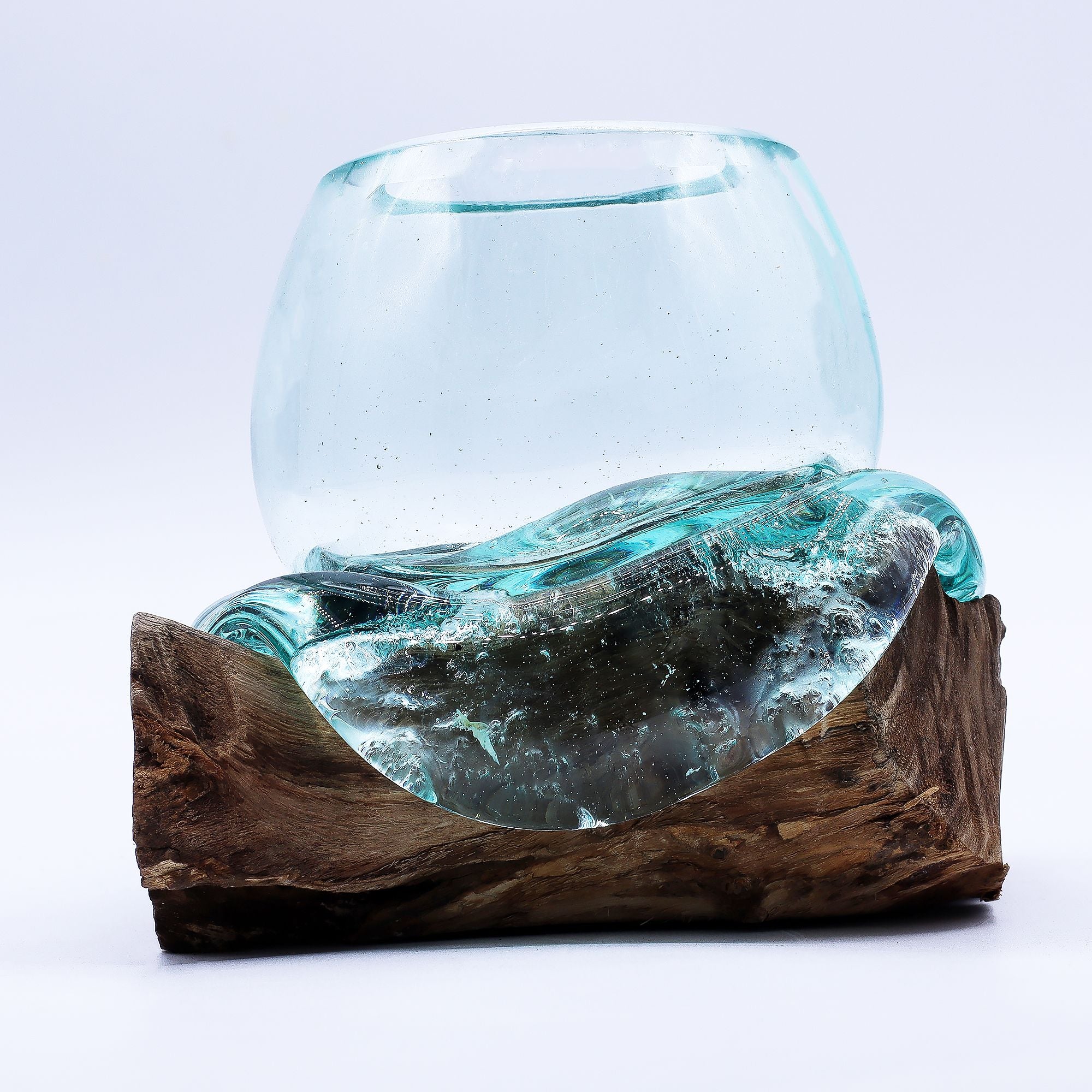 Handmade Molten Glass Mini Goldfish Bowl on Wood – 20cm