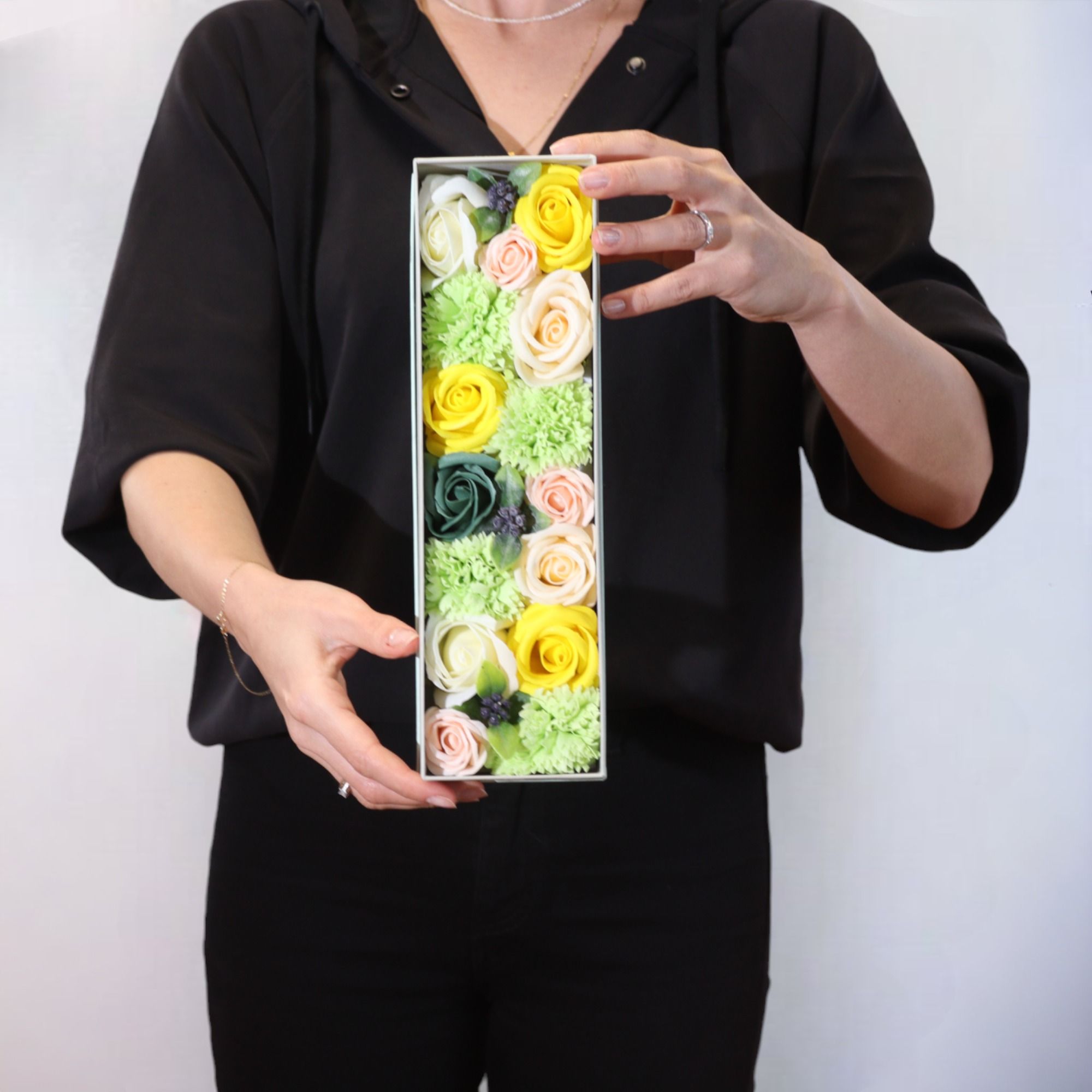 Long Box - Spring Celibrations - Yellow & Greens - Soap Flower Gift Round Box