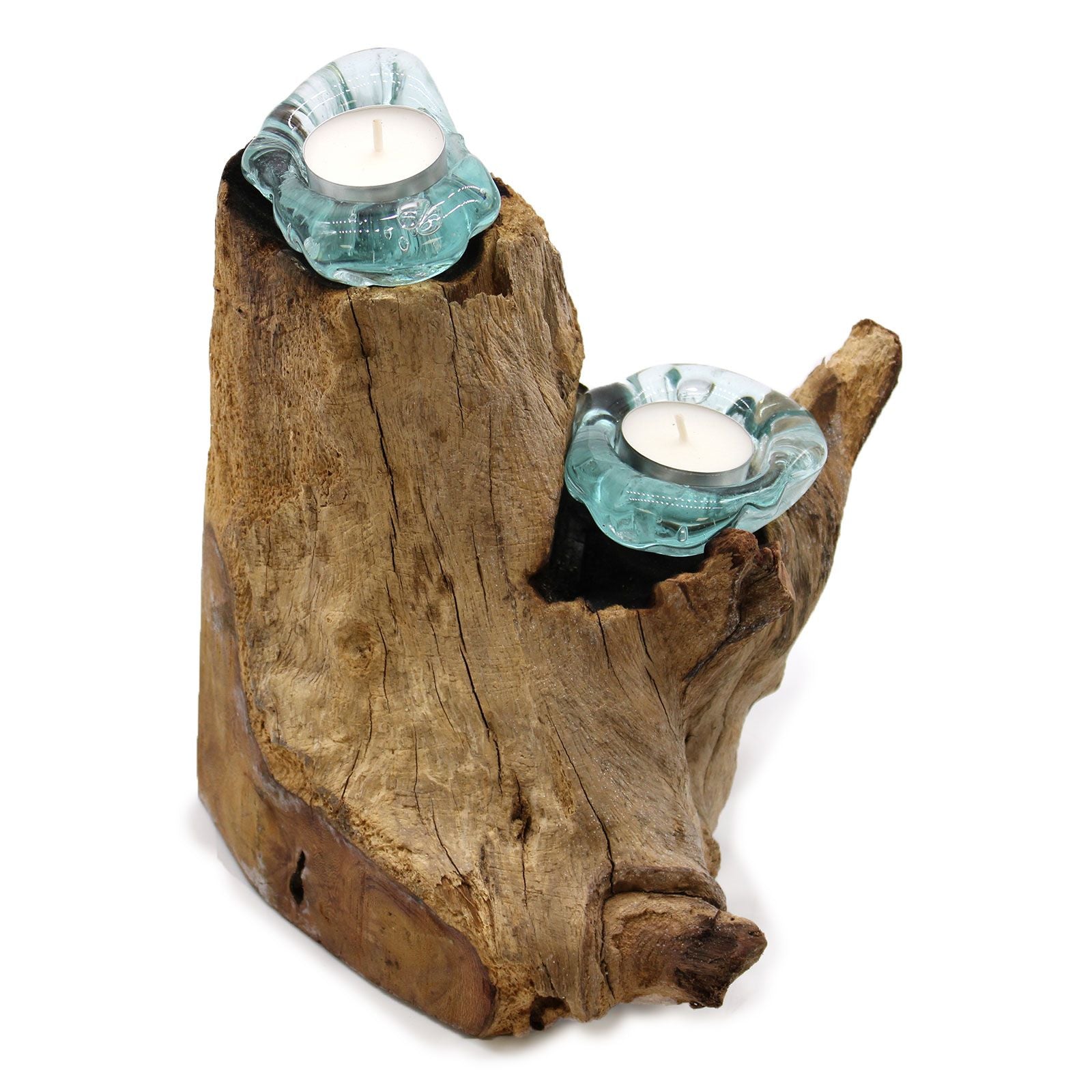 Handmade Molten Glass Double Candle Holder on Wood – 30cm