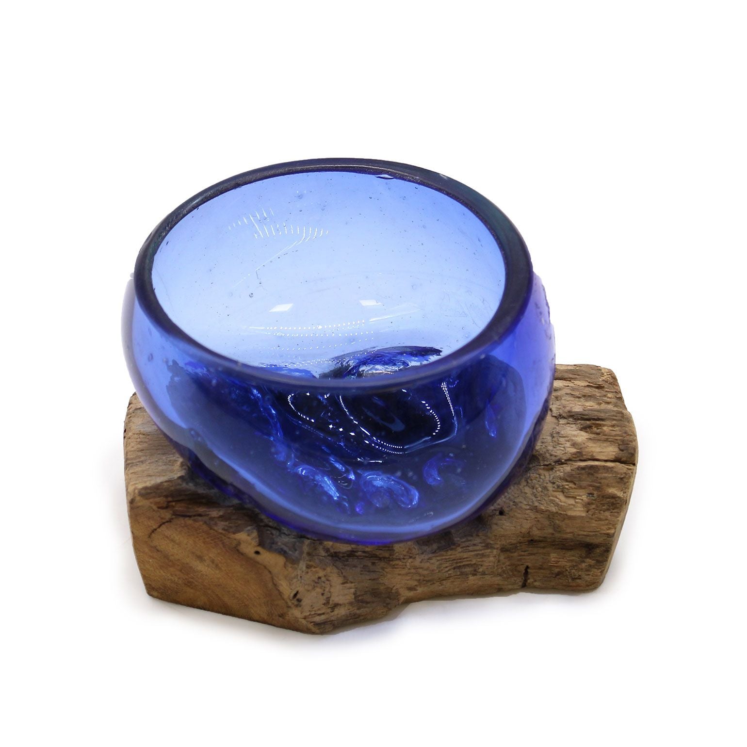 Handmade Molten Glass Mini Blue Bowl on Wood – 12cm