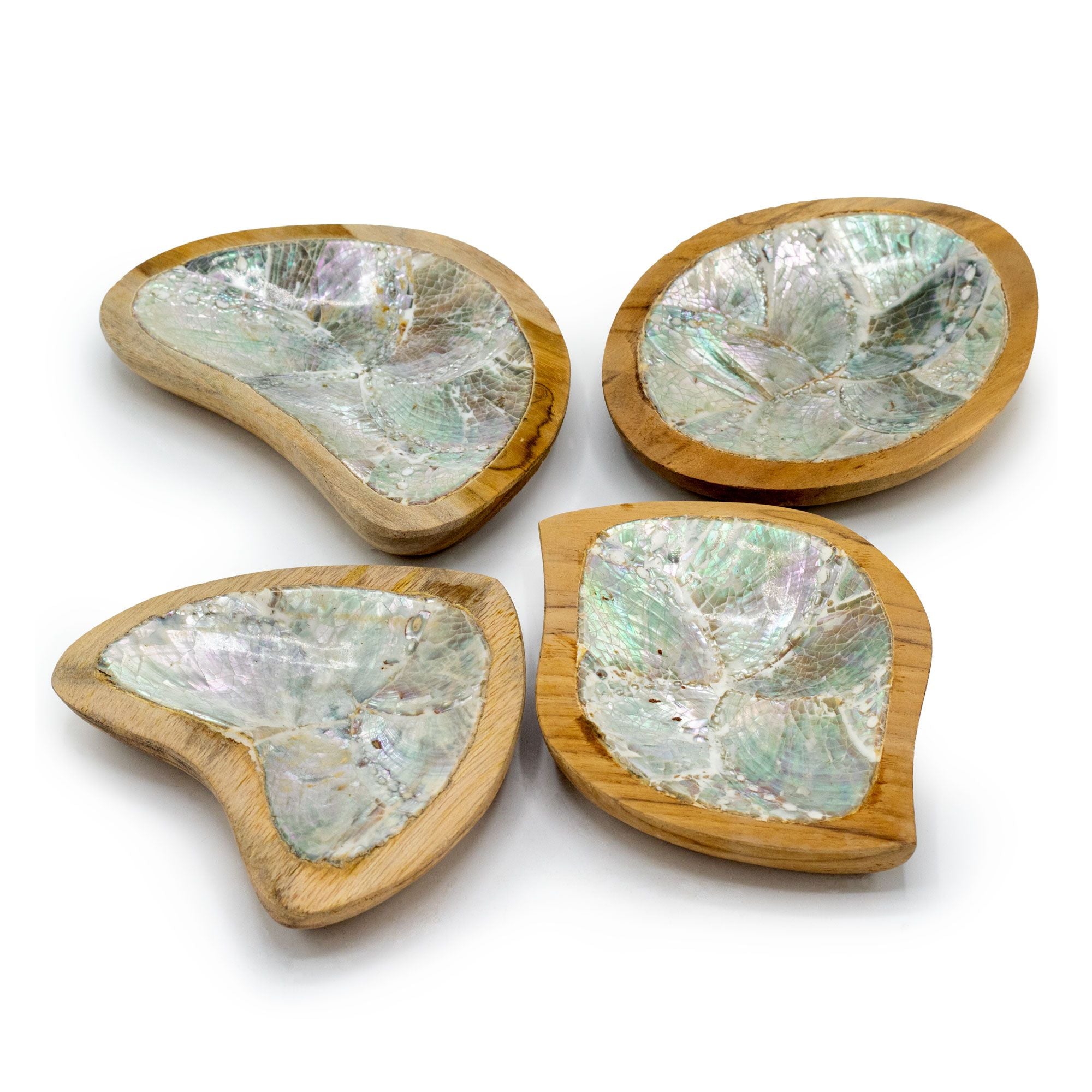 Set of 4 Teak Mini Bowls with Shell Decor – Handcrafted Shell-Inlaid Teak Bowls