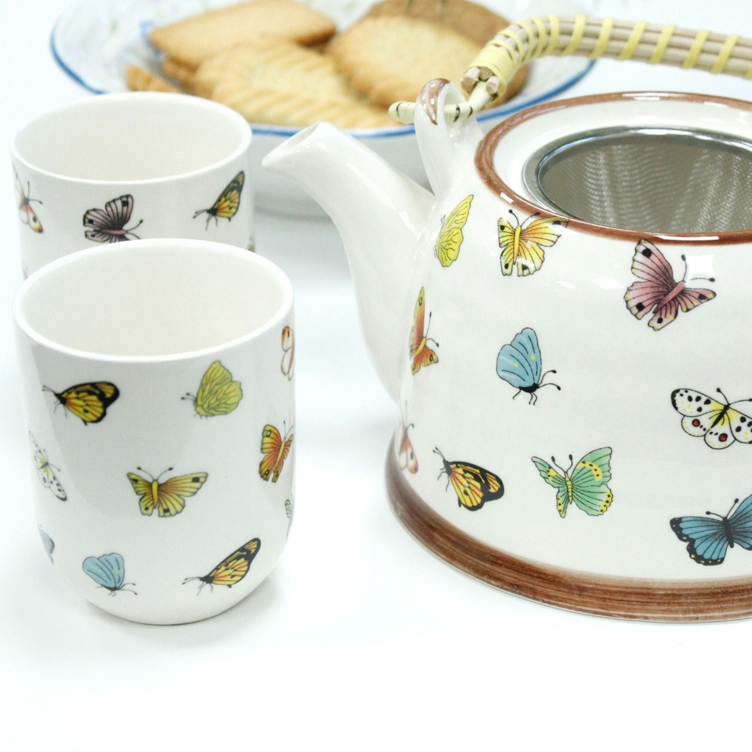 Herbal Teapot Set - Butterflies - 650ml Teapot with 6 Cups & Strainer