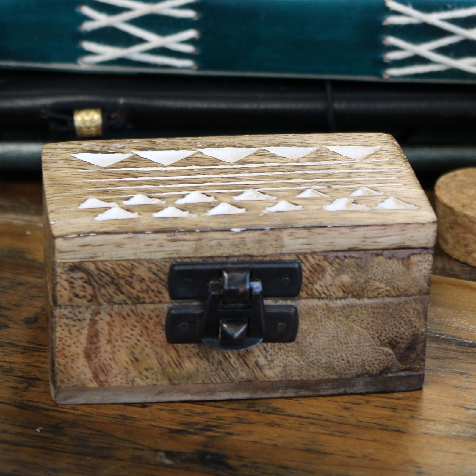White Washed Wooden Box - Pill Box Aztec Design - Handmade