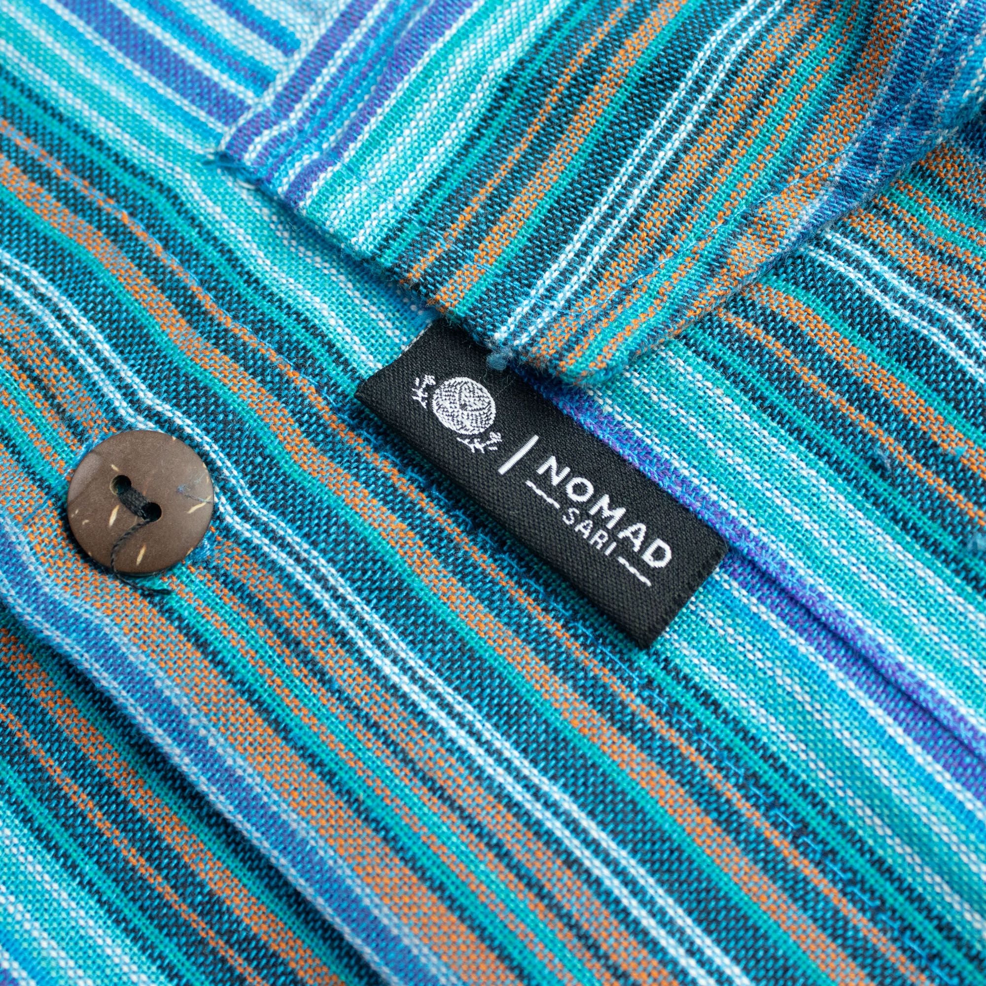 Nomad Sari Grandad Shirt - Turquoise Blue Striped Cotton