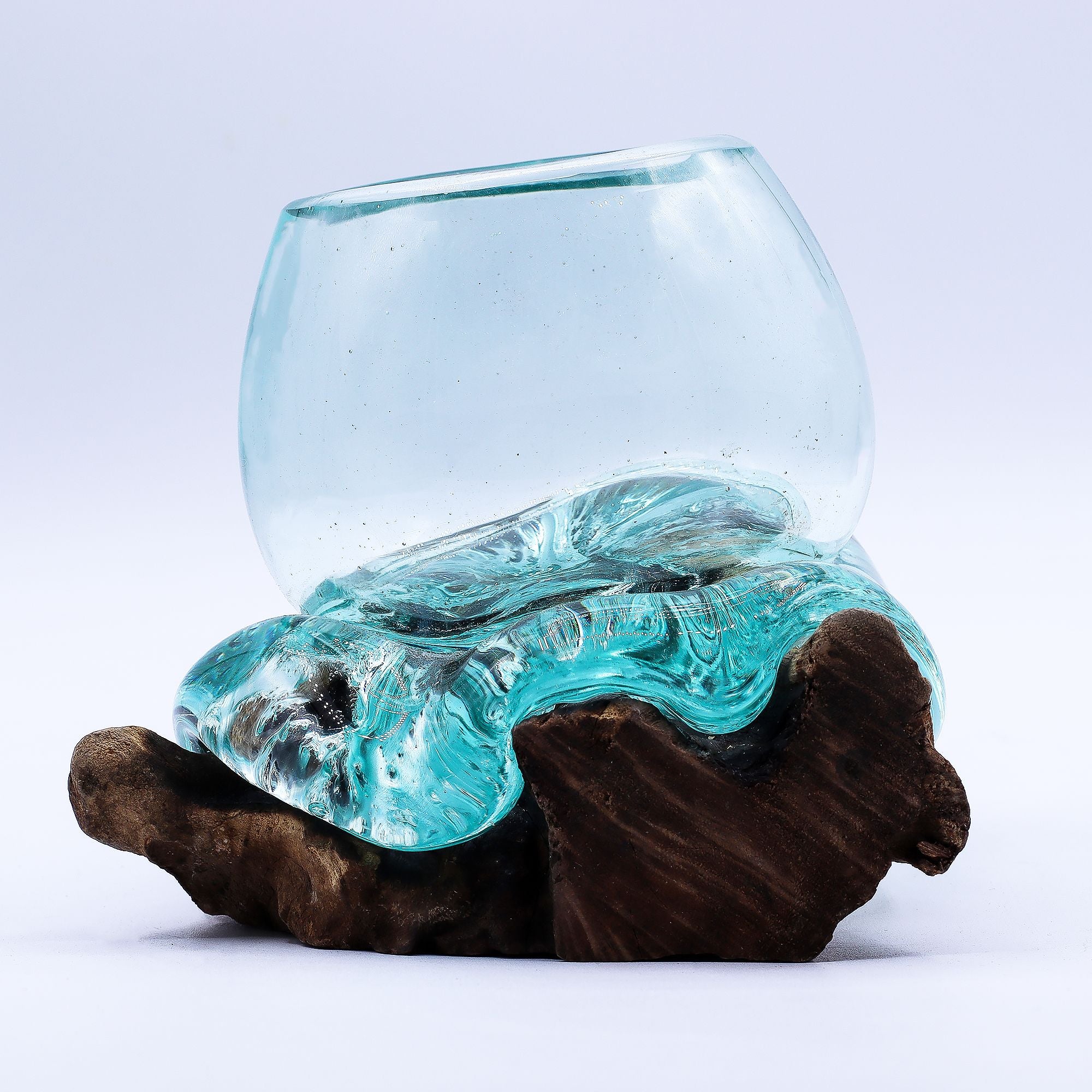 Handmade Molten Glass Mini Goldfish Bowl on Wood – 20cm