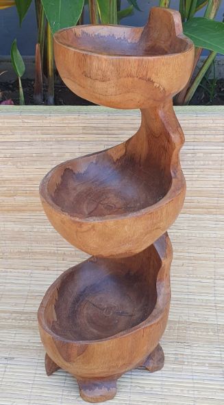 Teak Three Bowl Standing 50cm – Tiered Solid Teak Display Stand Bowls