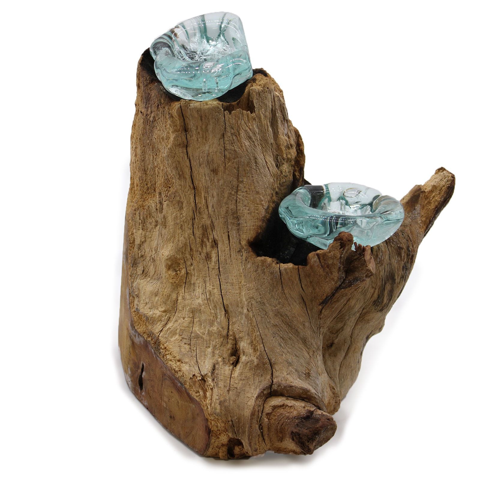Handmade Molten Glass Double Candle Holder on Wood – 30cm