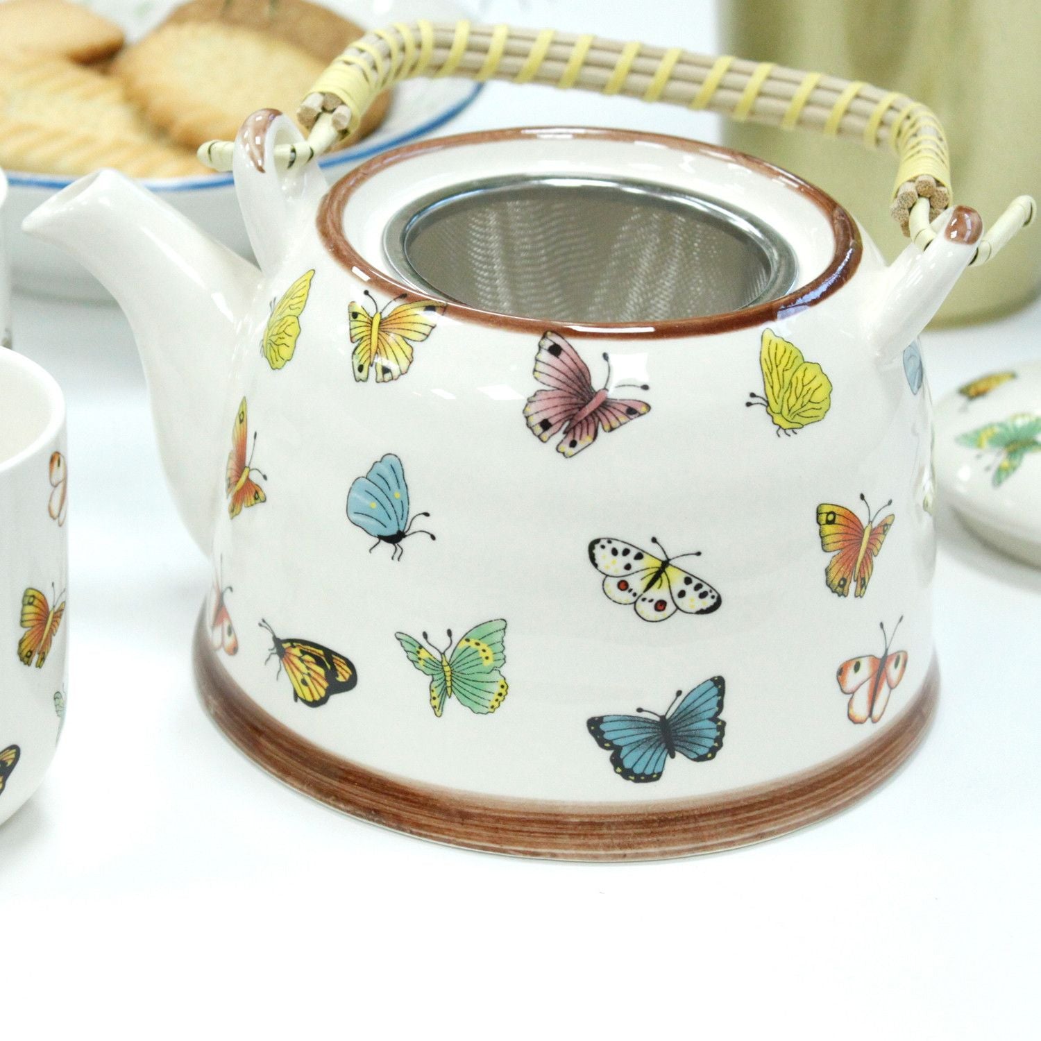 Herbal Teapot Set - Butterflies - 650ml Teapot with 6 Cups & Strainer