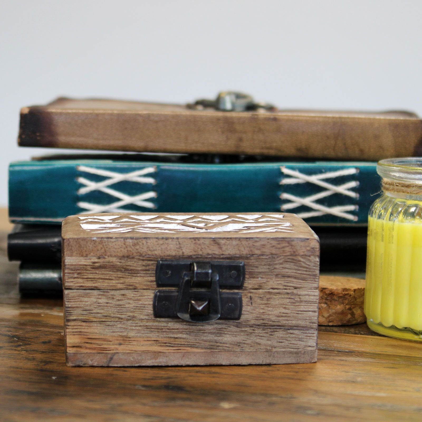 White Washed Wooden Box - Pill Box Aztec Design - Handmade