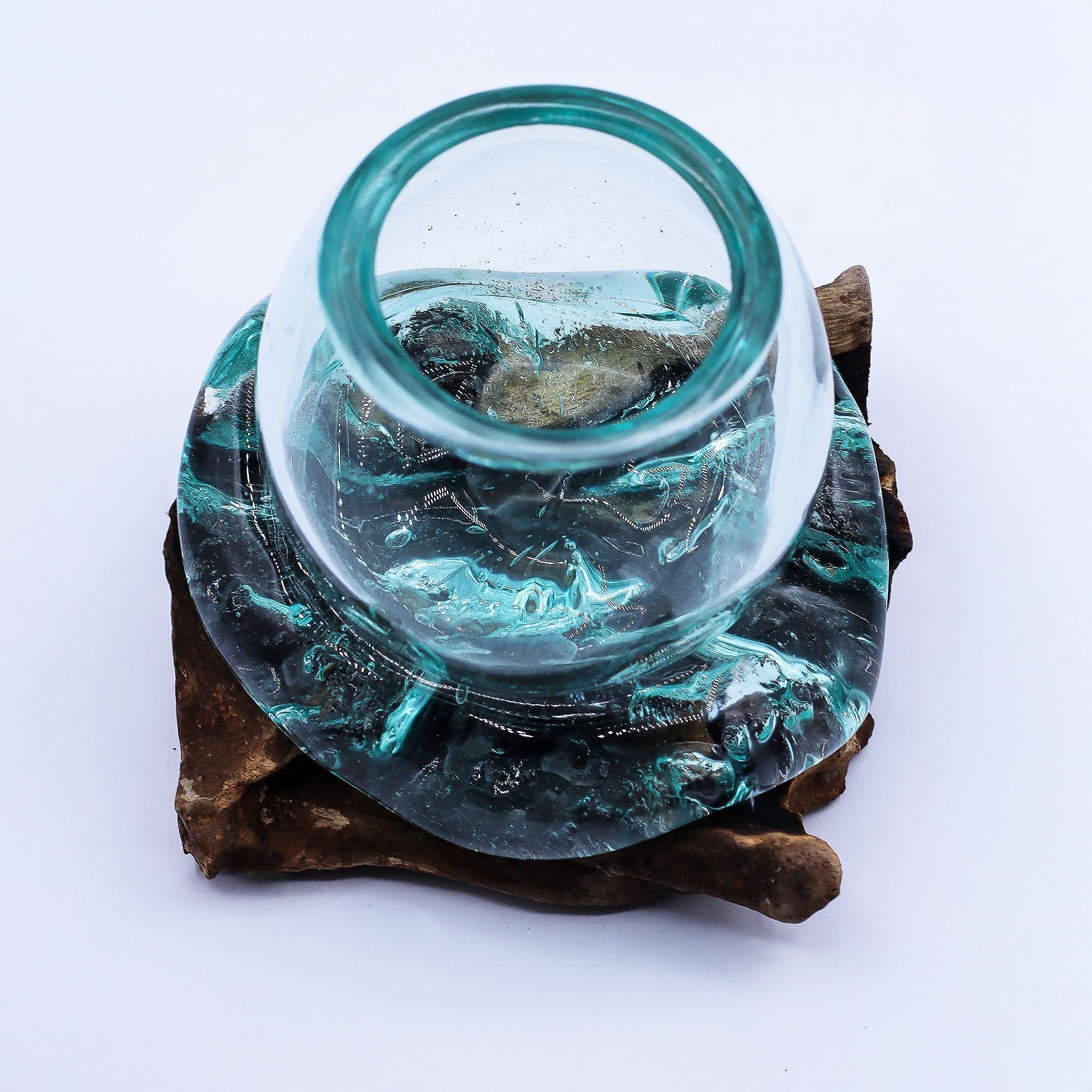 Handmade Molten Glass Mini Goldfish Bowl on Wood – 20cm