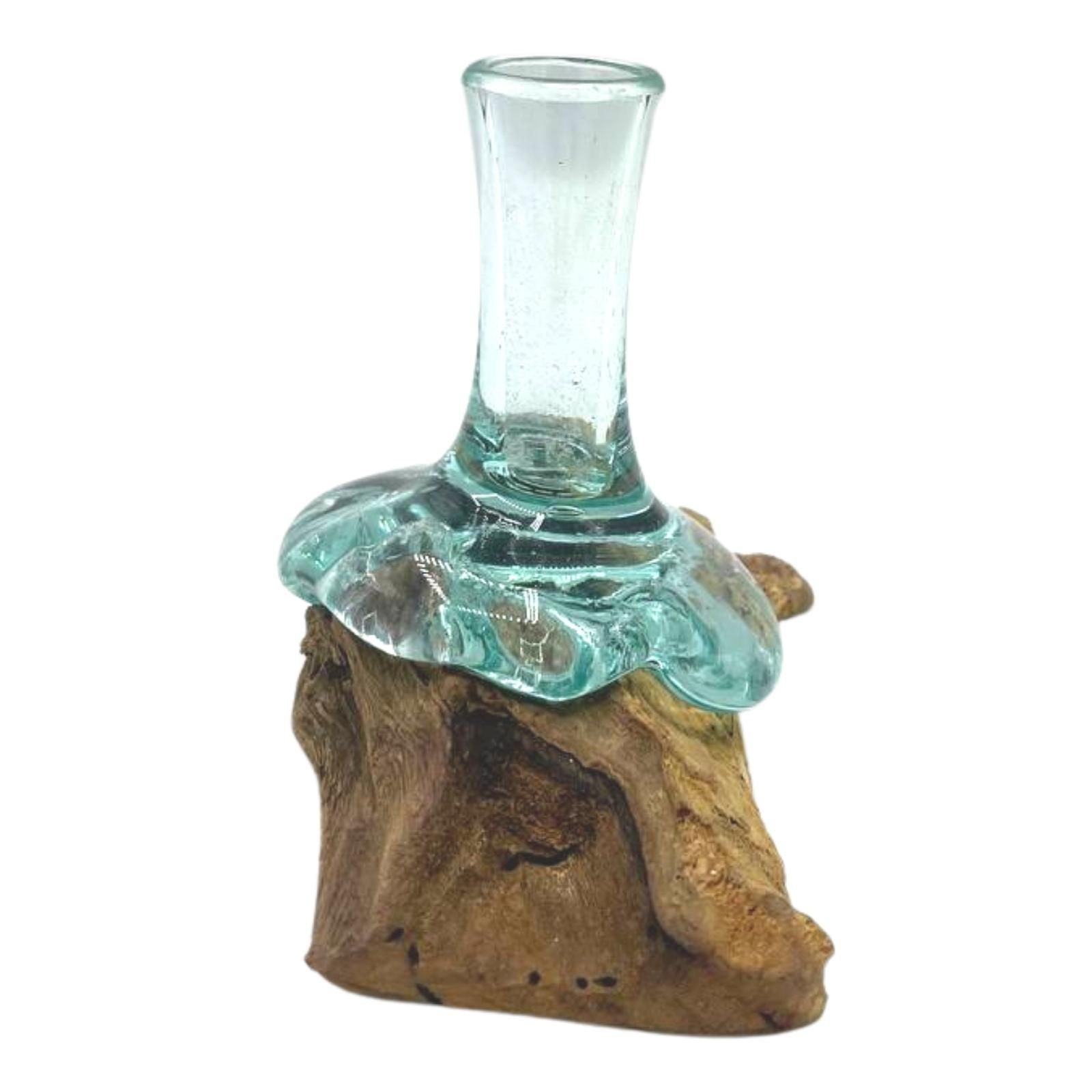 Handmade Molten Glass Small Flower Vase on Wood – 15cm