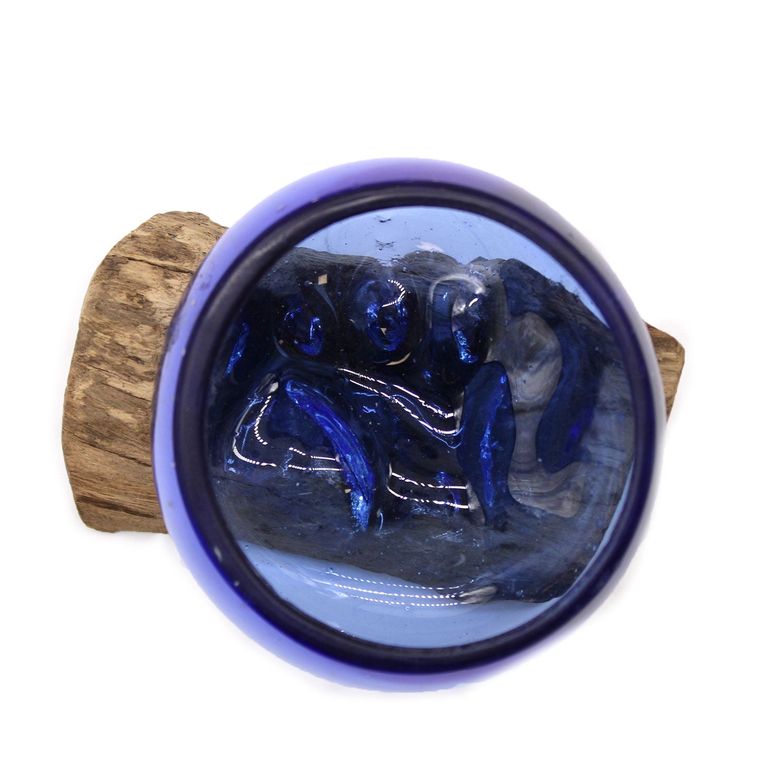 Handmade Molten Glass Mini Blue Bowl on Wood – 12cm