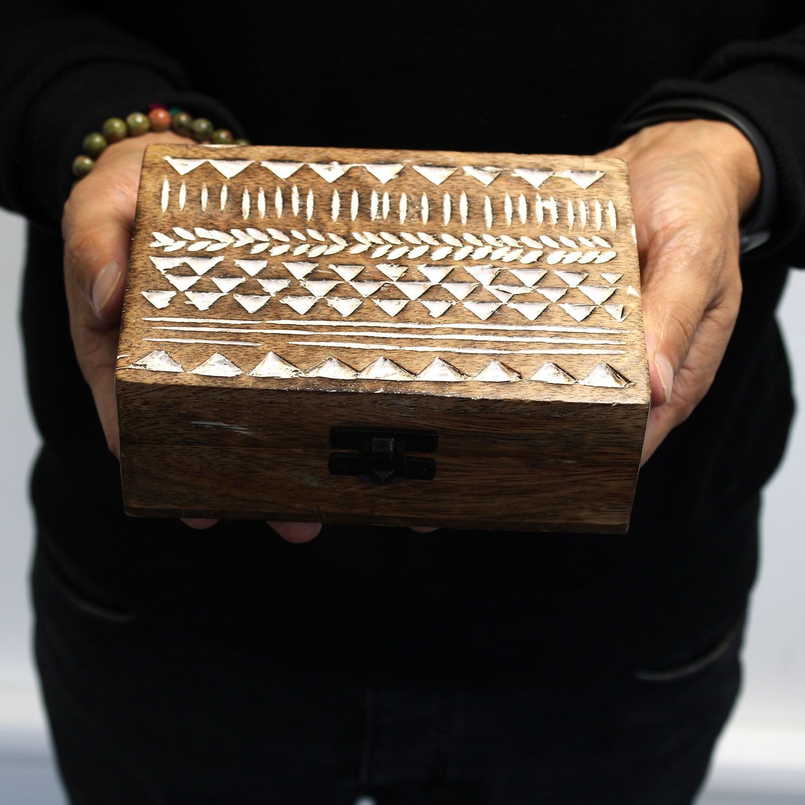 White Washed Wooden Box - 6x4 Aztec Design - Handmade