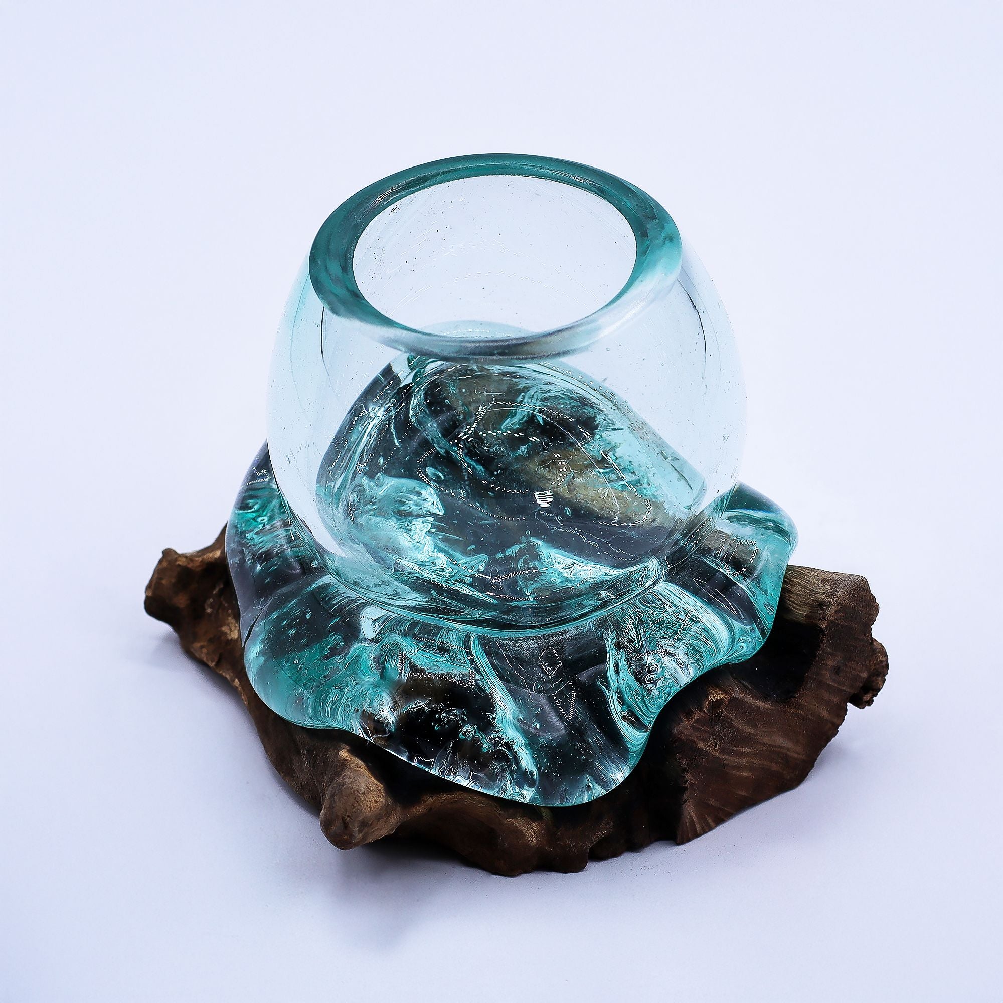 Handmade Molten Glass Mini Goldfish Bowl on Wood – 20cm