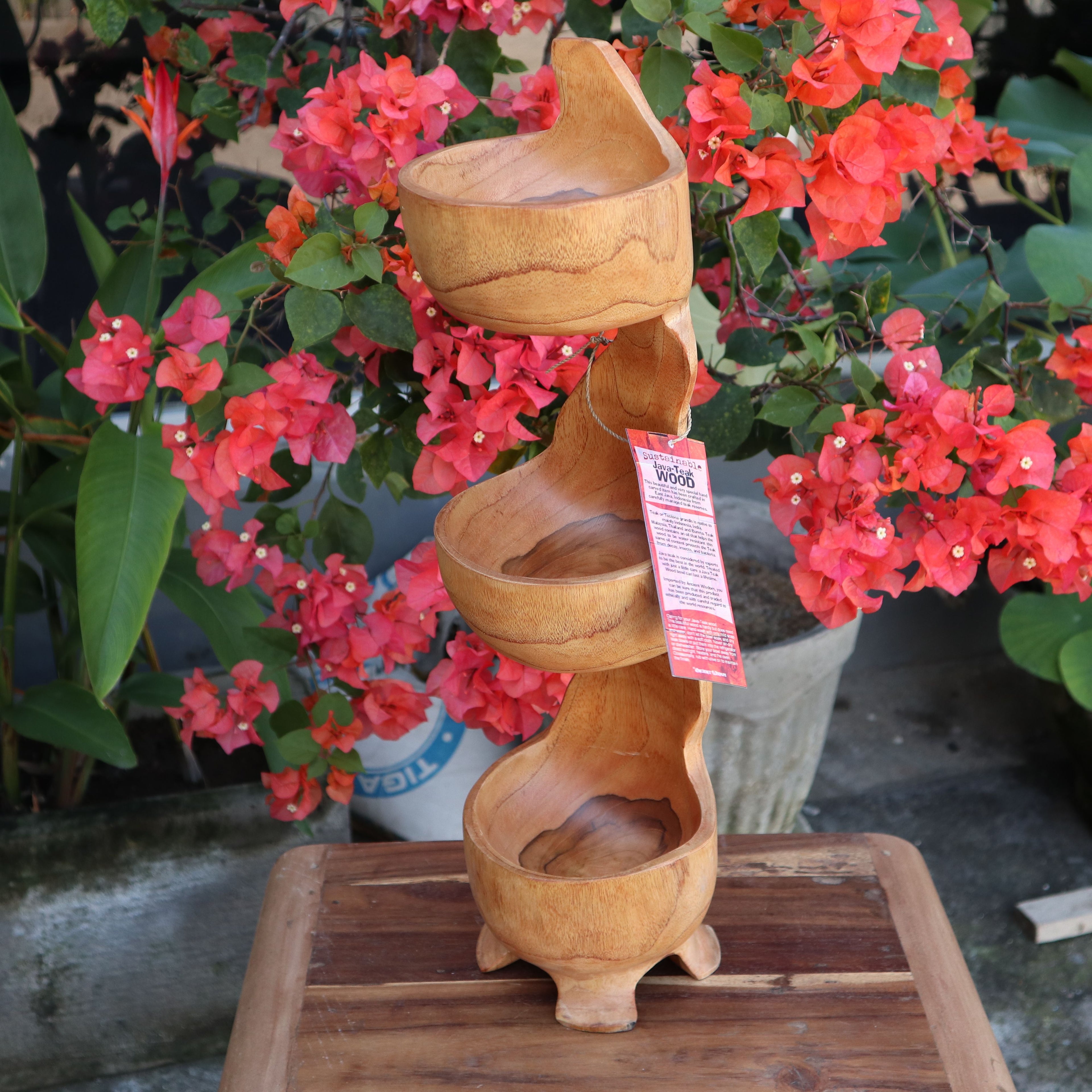 Teak Three Bowl Standing 50cm – Tiered Solid Teak Display Stand Bowls