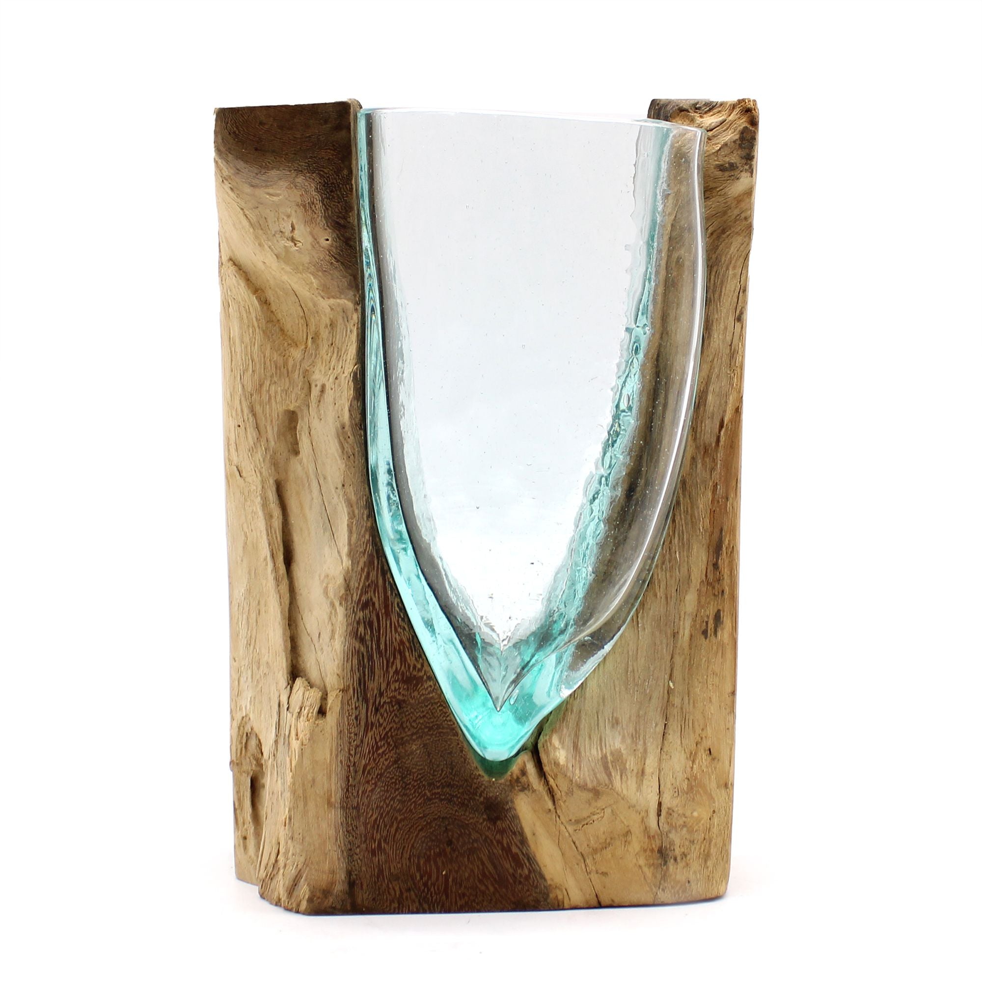 Handmade Molten Glass V-Shaped Art Vase on Wood – 24.5cm