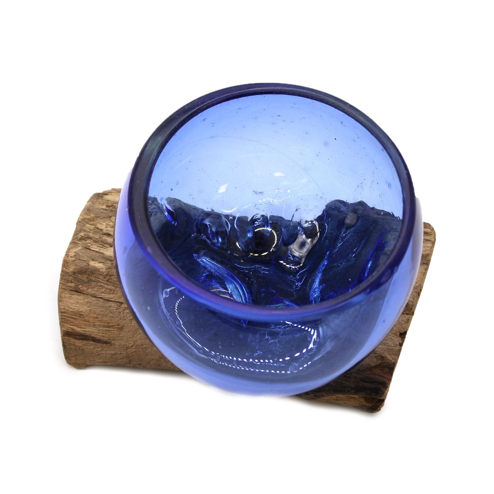 Handmade Molten Glass Mini Blue Bowl on Wood – 12cm