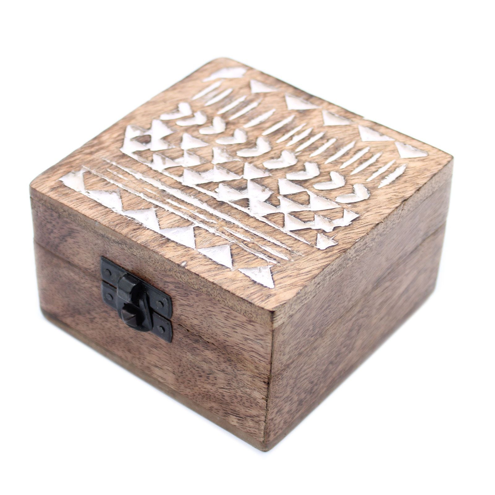 White Washed Wooden Box - 4x4 Aztec Design - Handmade