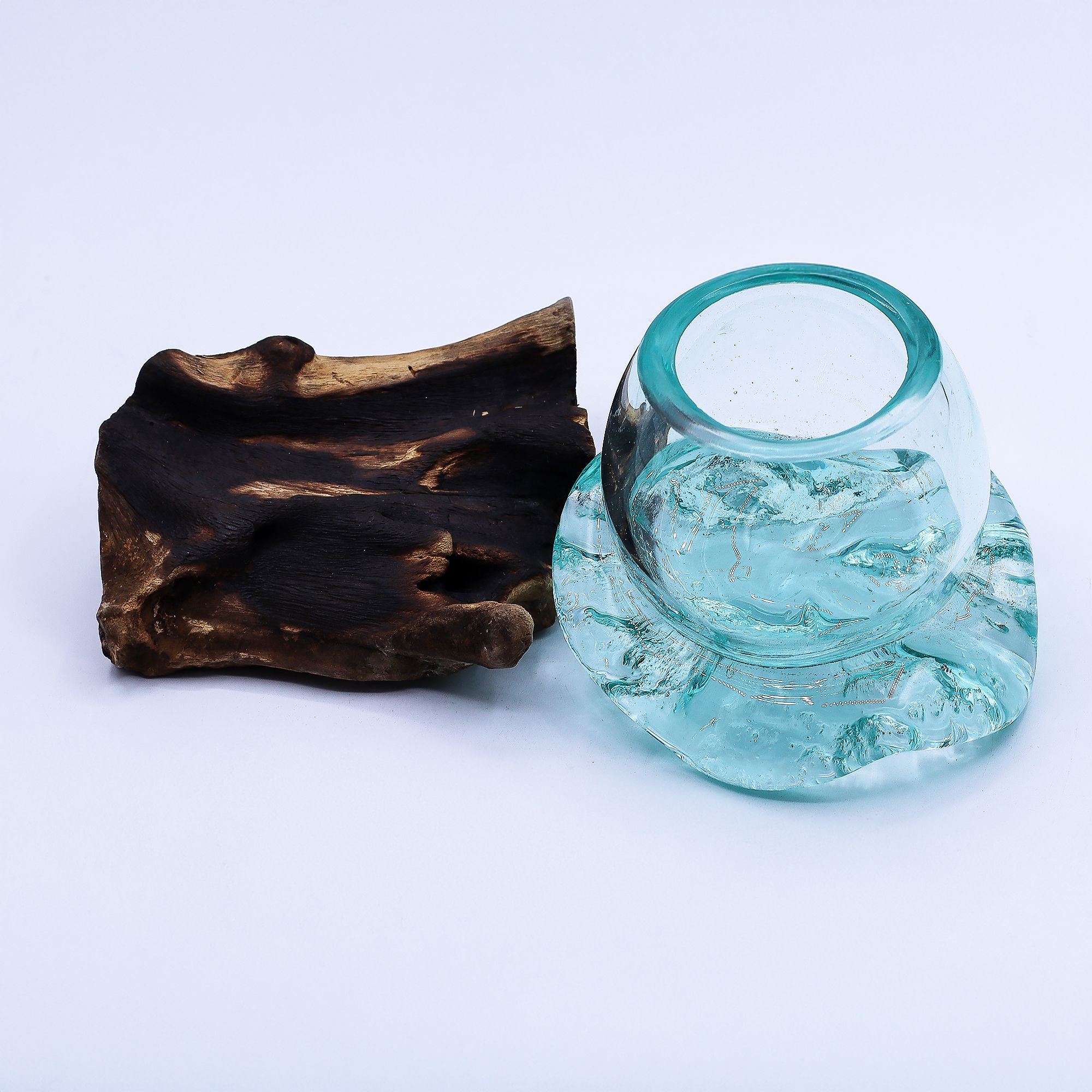 Handmade Molten Glass Mini Goldfish Bowl on Wood – 20cm