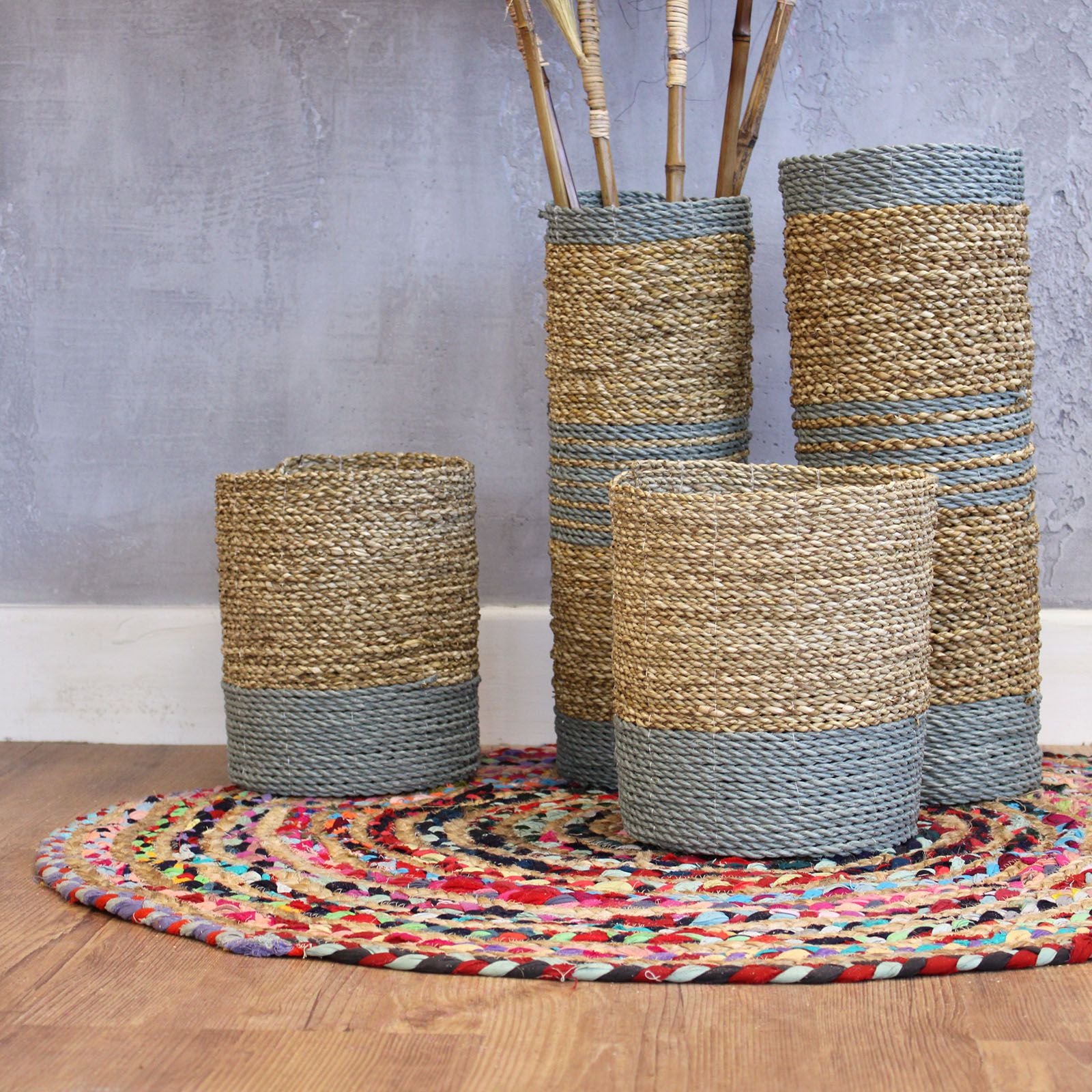 Seagrass & Abu-Abu Raffia Set - 2 Vase & 2 Bins - 4 Handwoven Java Storage Baskets