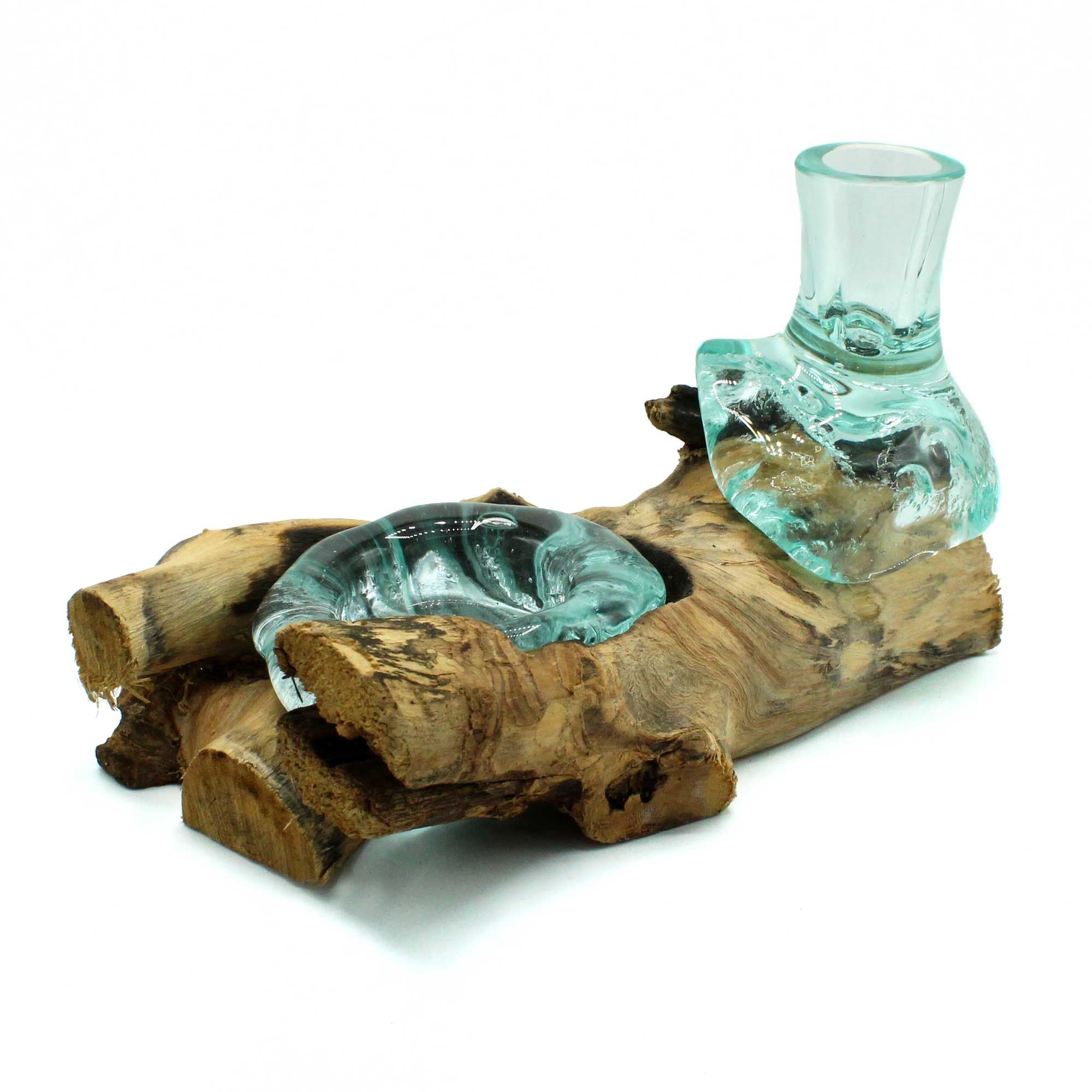 Handmade Molten Glass Small Flower Vase & Tealight Holder on Wood